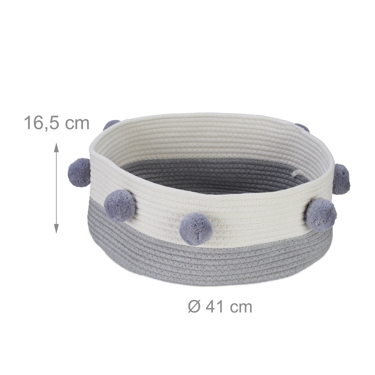 Cesta de cuerda gris y blanca con pompones, 41 cm de diámetro.