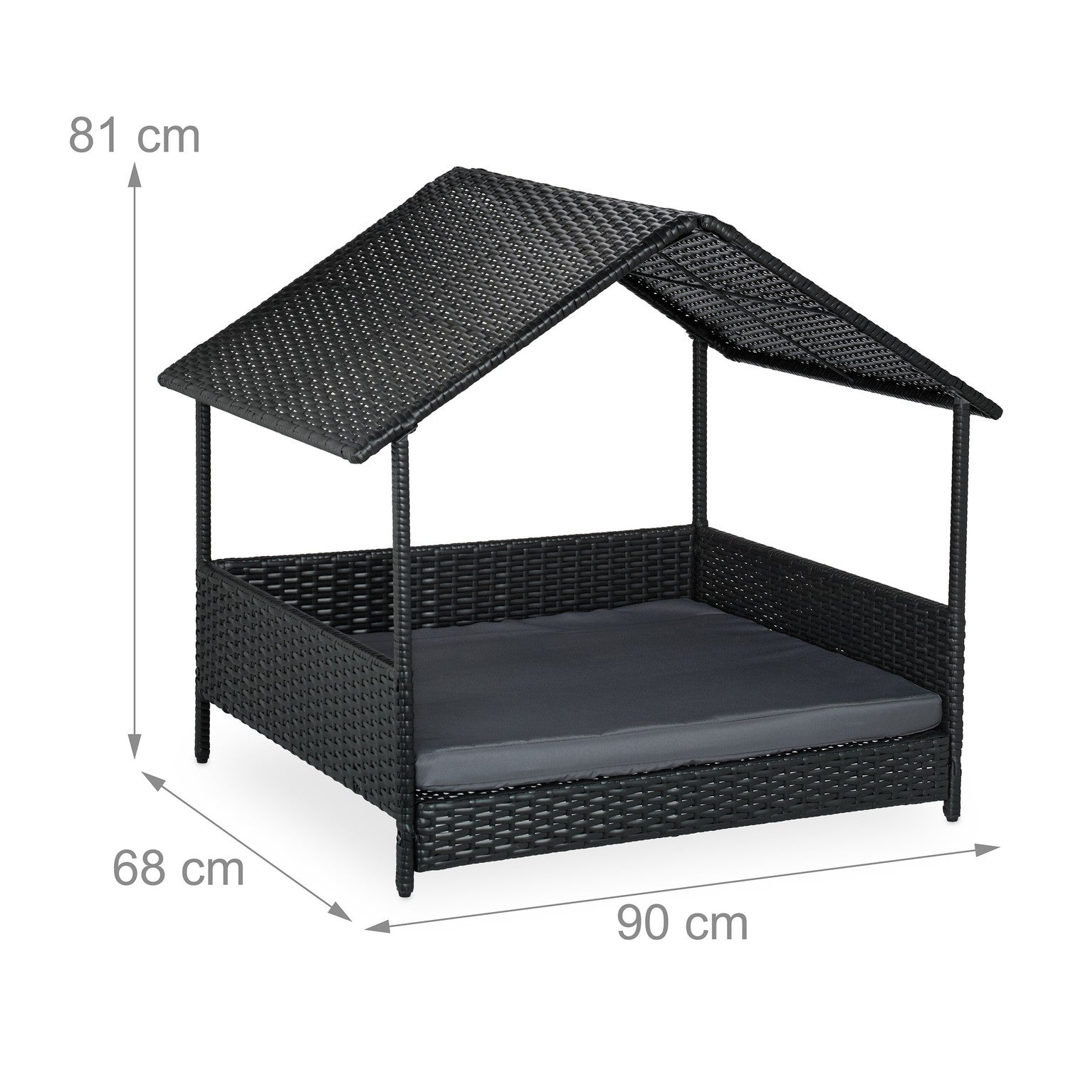 Cama de día de ratán negra con techo, cojín y medidas 81x90x68 cm.