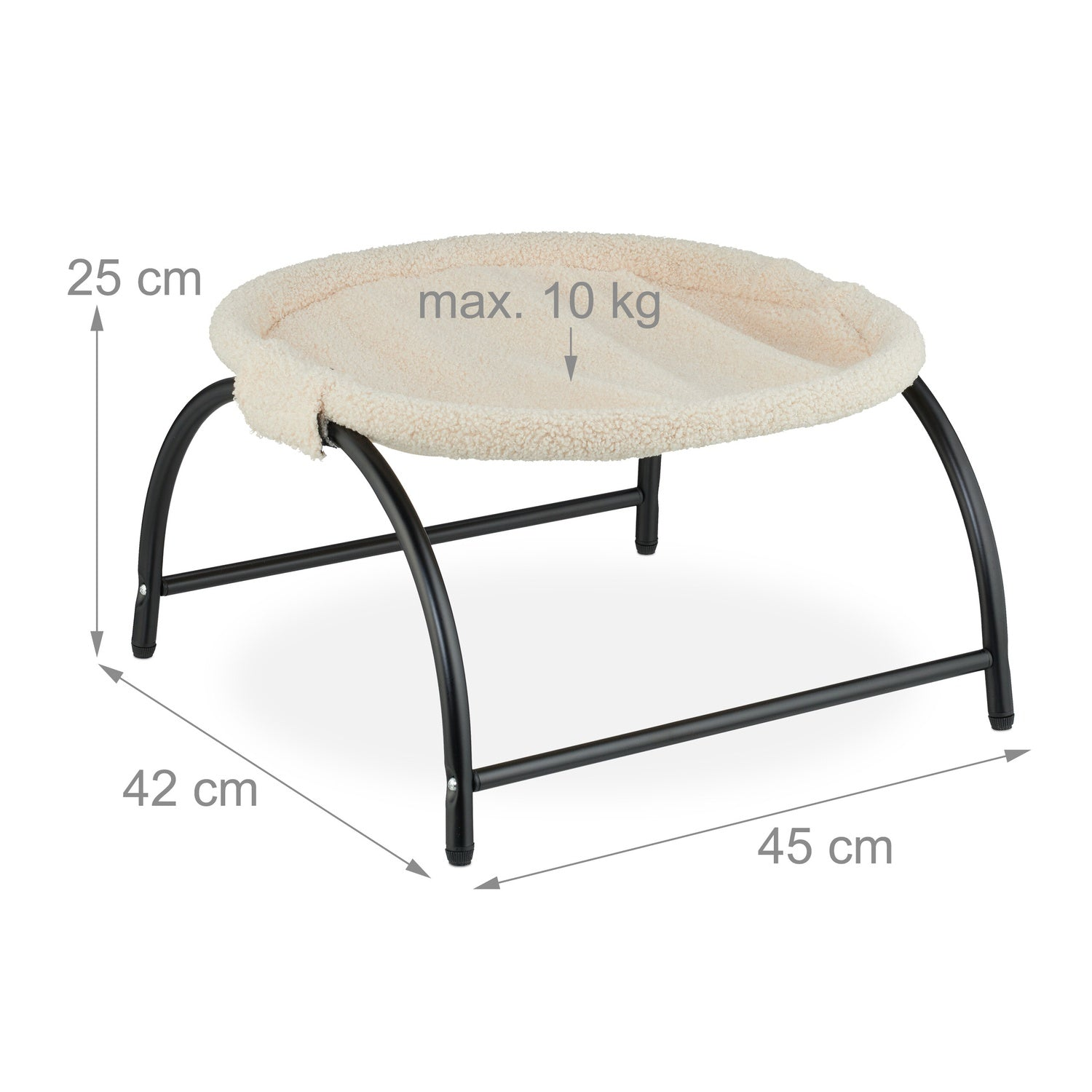 Una cama para gatos color crema con marco de metal negro, 25 cm de altura.