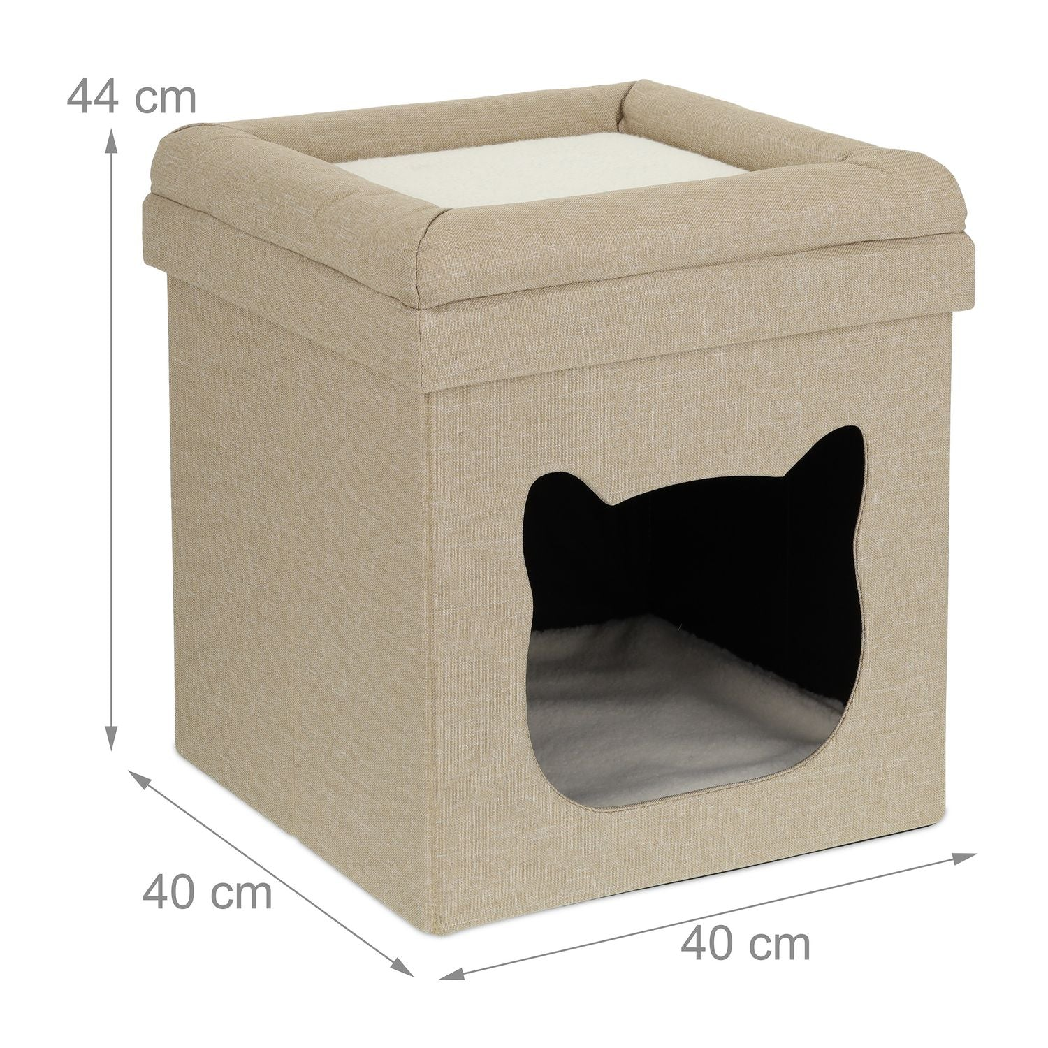 Casa para gatos beige con entrada de cara de gato, 40x40x44cm.