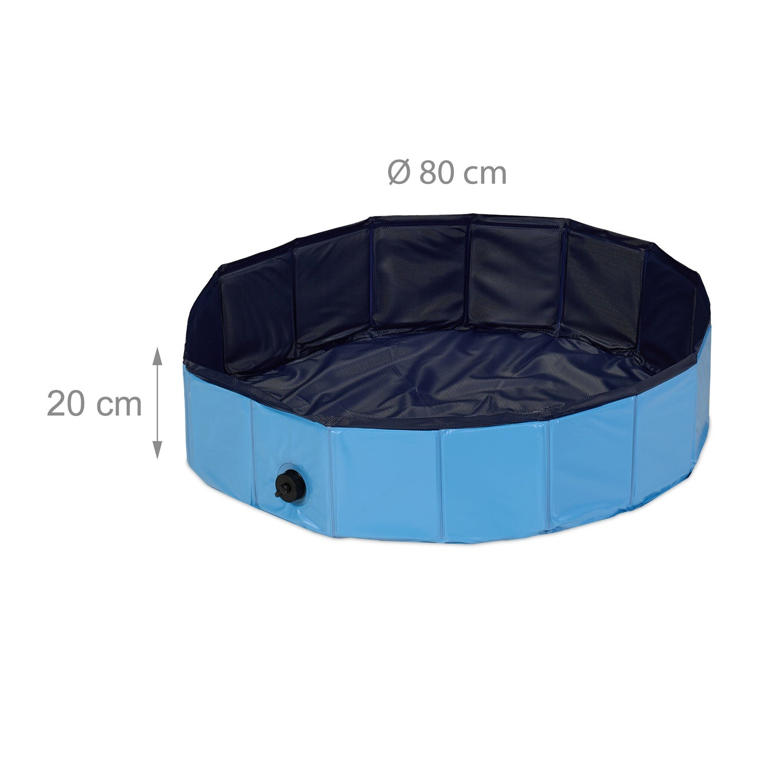 Una piscina infantil plegable azul con forro de malla oscura y válvula de drenaje.