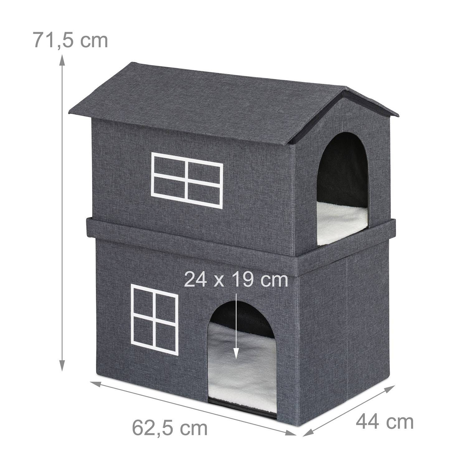 Casa de gato gris de dos pisos con ventanas y aberturas blancas.