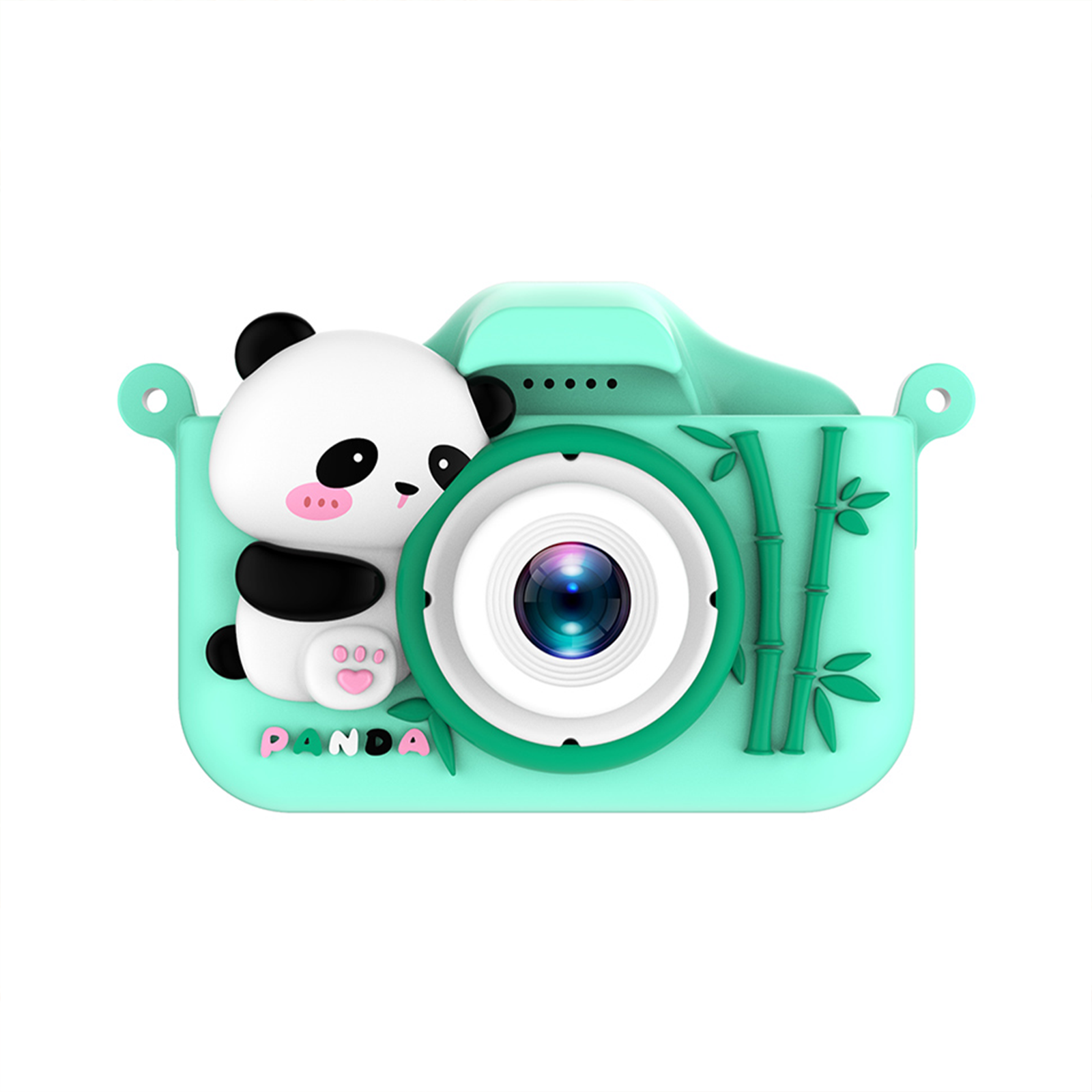 Panda tasarımlı ve bambu aksanlı turkuaz kamera.