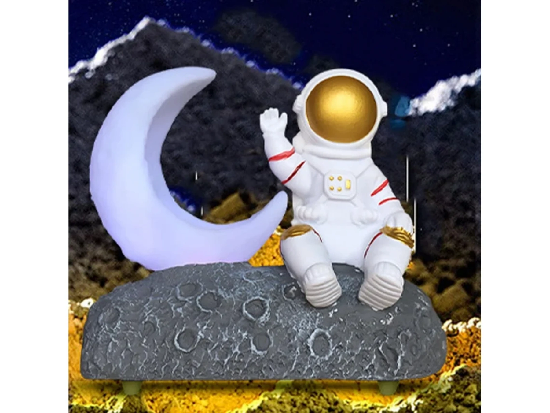 Ein Astronaut sitzt auf einem Mondstein neben einer leuchtenden Mondsichel.