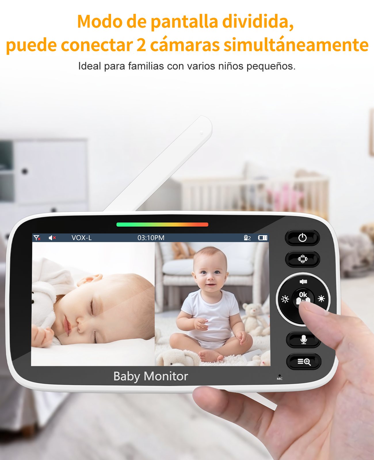 Monitor de bebé muestra dos bebés en pantalla dividida. Un bebé duerme, el otro está sentado.