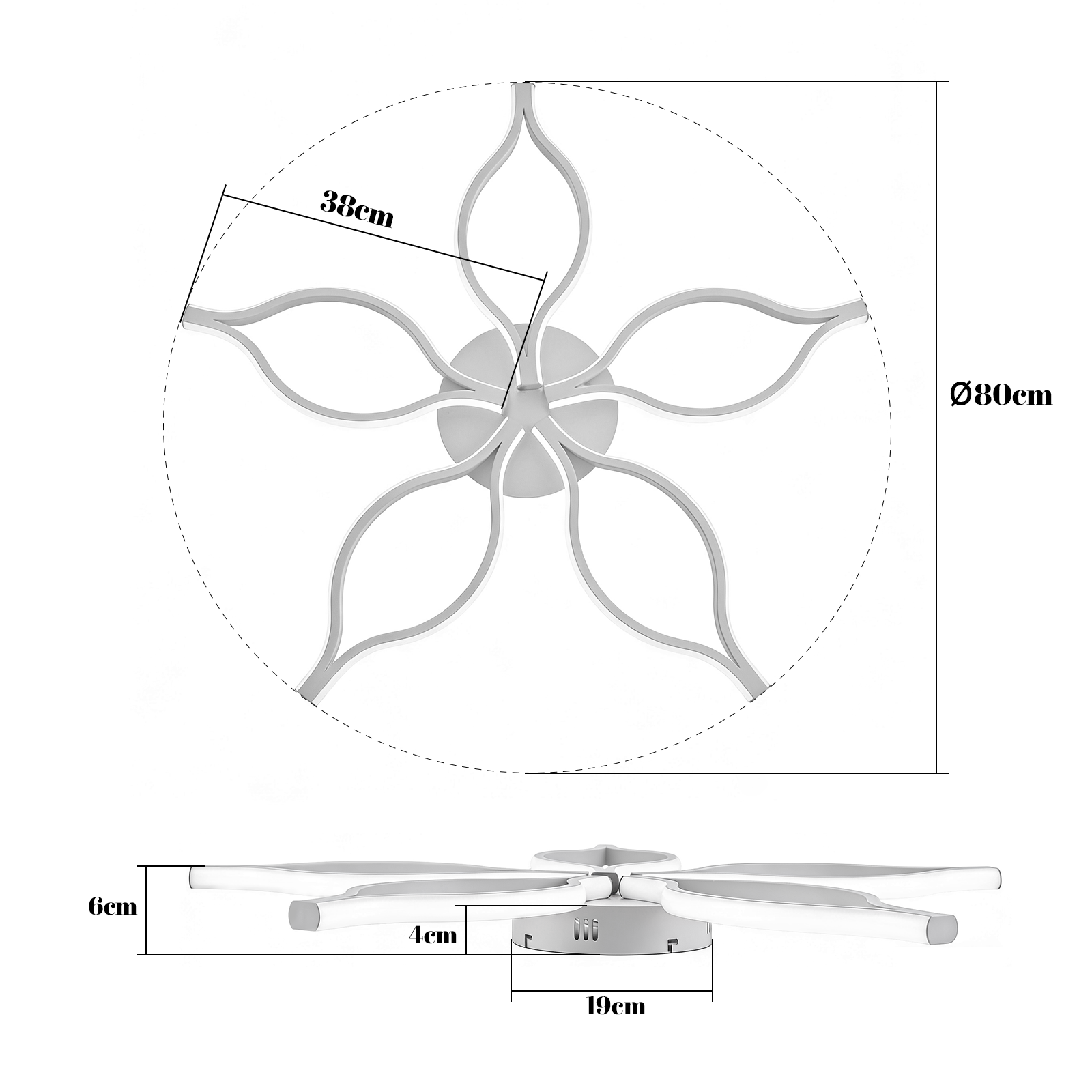 Una lampada da soffitto bianca a forma di fiore a cinque petali con dimensioni.