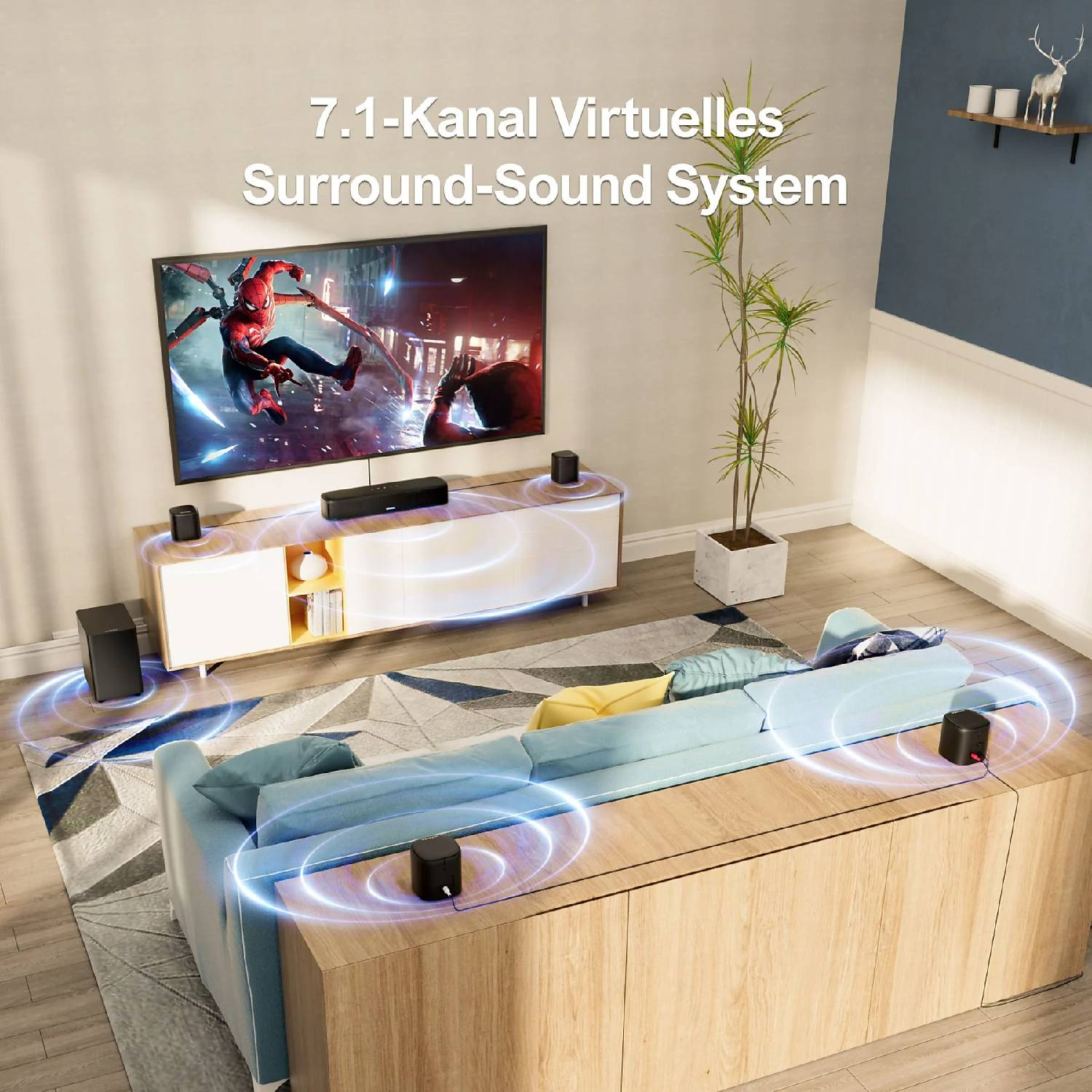 Un soggiorno con TV, divano e sistema audio surround.