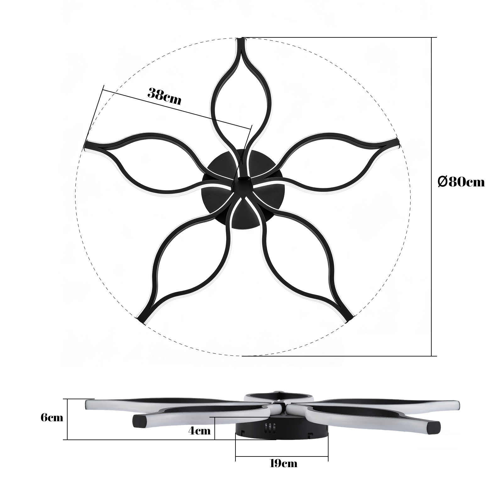 Lampada da soffitto nera a cinque petali, diametro 80cm, altezza 6cm, larghezza 4cm.