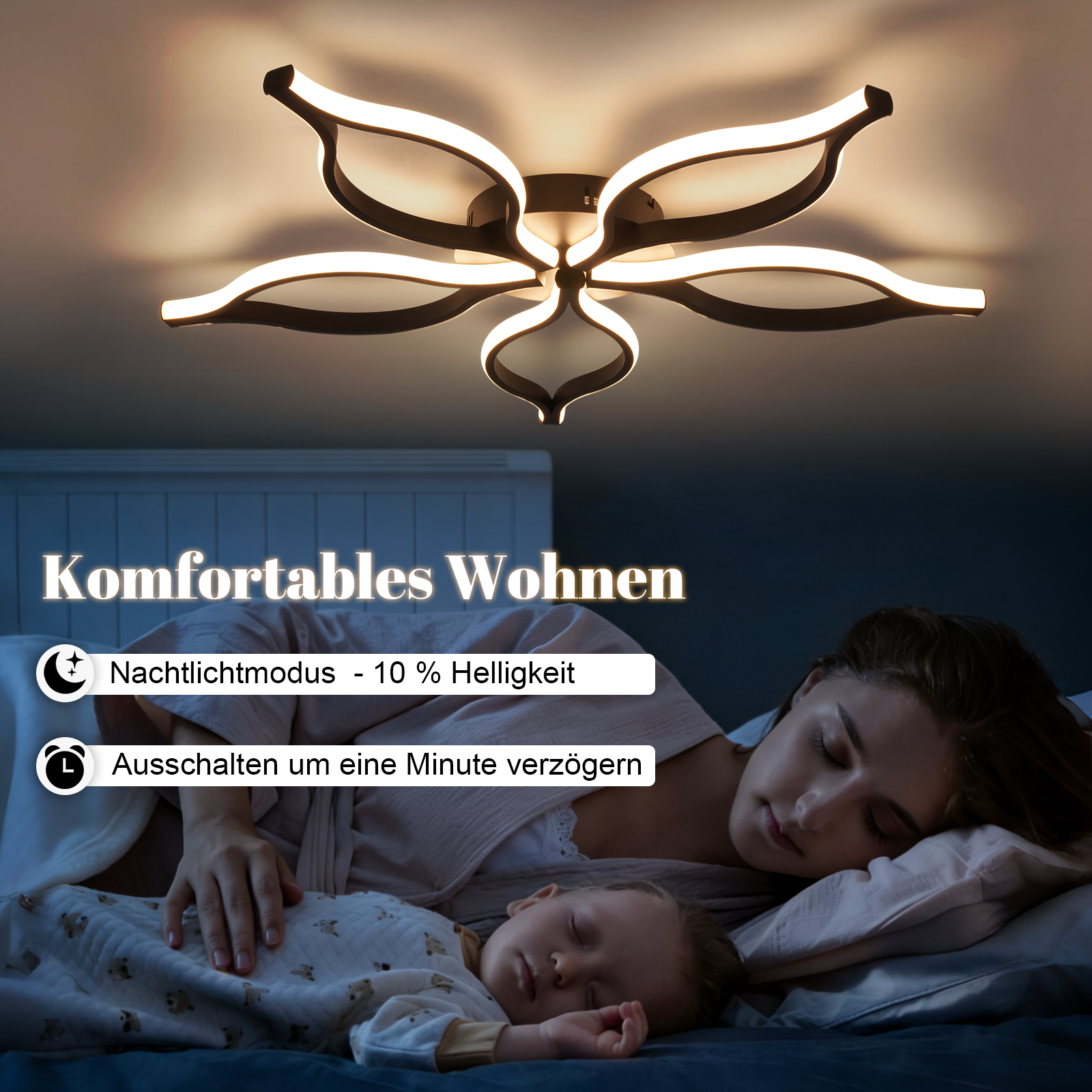 Lampada da soffitto a petali sopra madre e bambino addormentati. Modalità luce notturna.
