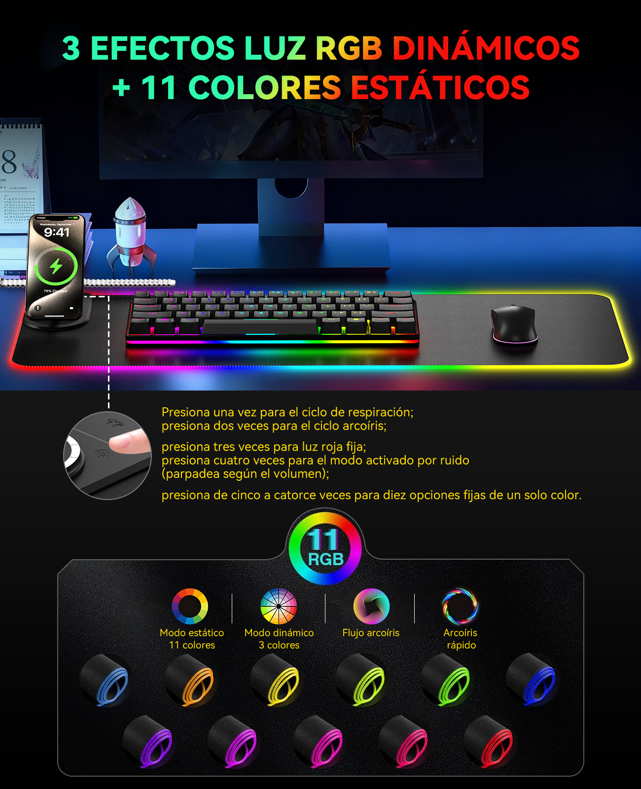 Escritorio con teclado, ratón, alfombrilla y cargador de móvil RGB. Texto sobre efectos RGB.