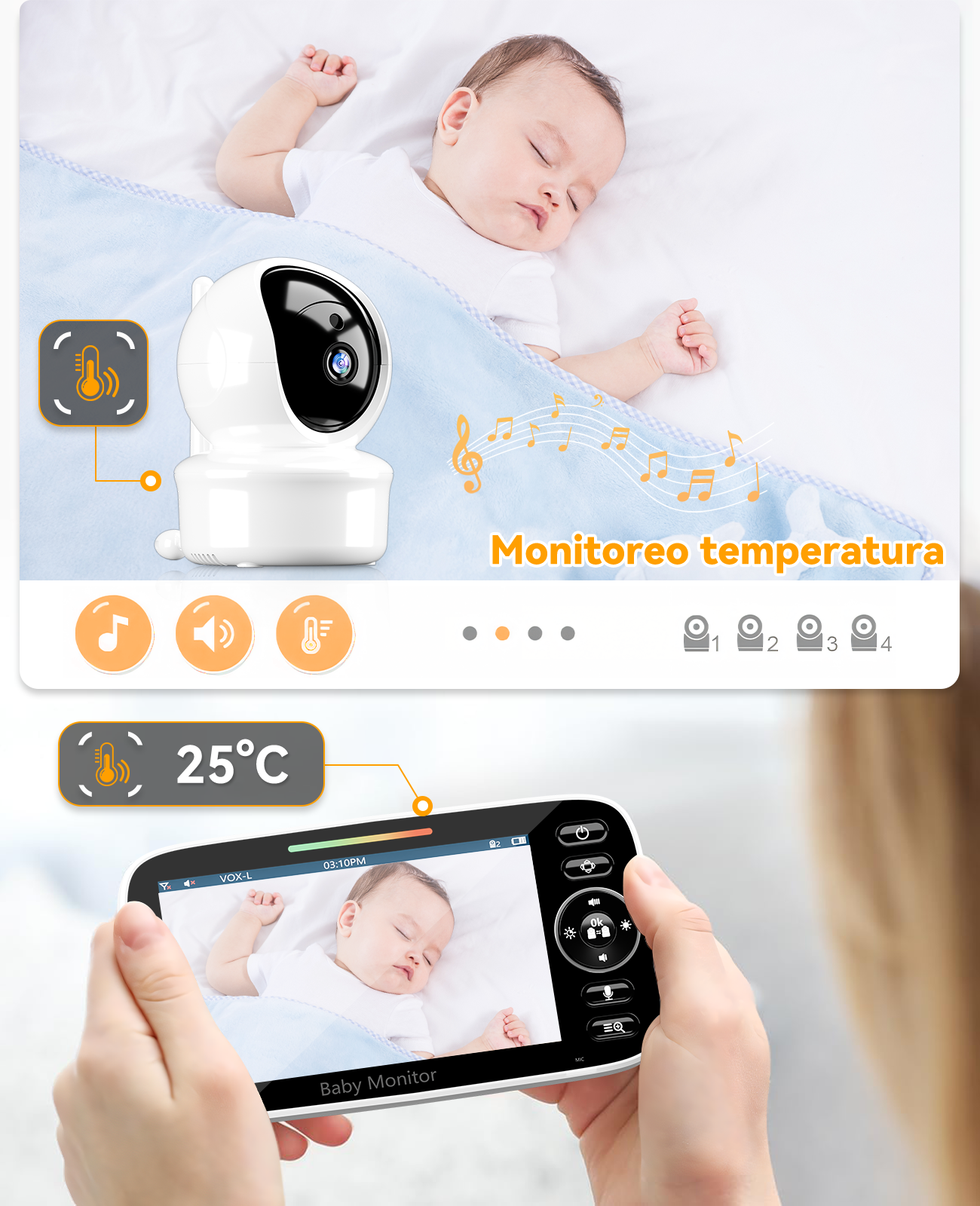 Un bebé duerme cerca de una cámara. Un monitor muestra 25°C.