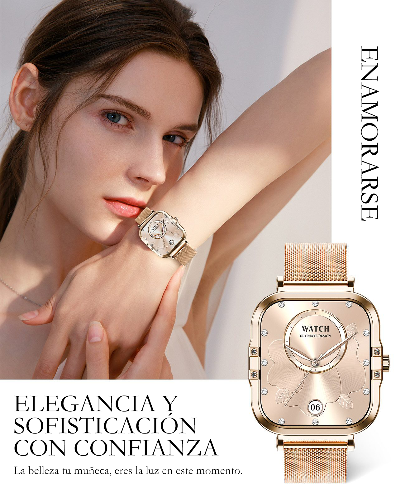 Una mujer con un reloj dorado. El reloj tiene esfera cuadrada y correa de malla.