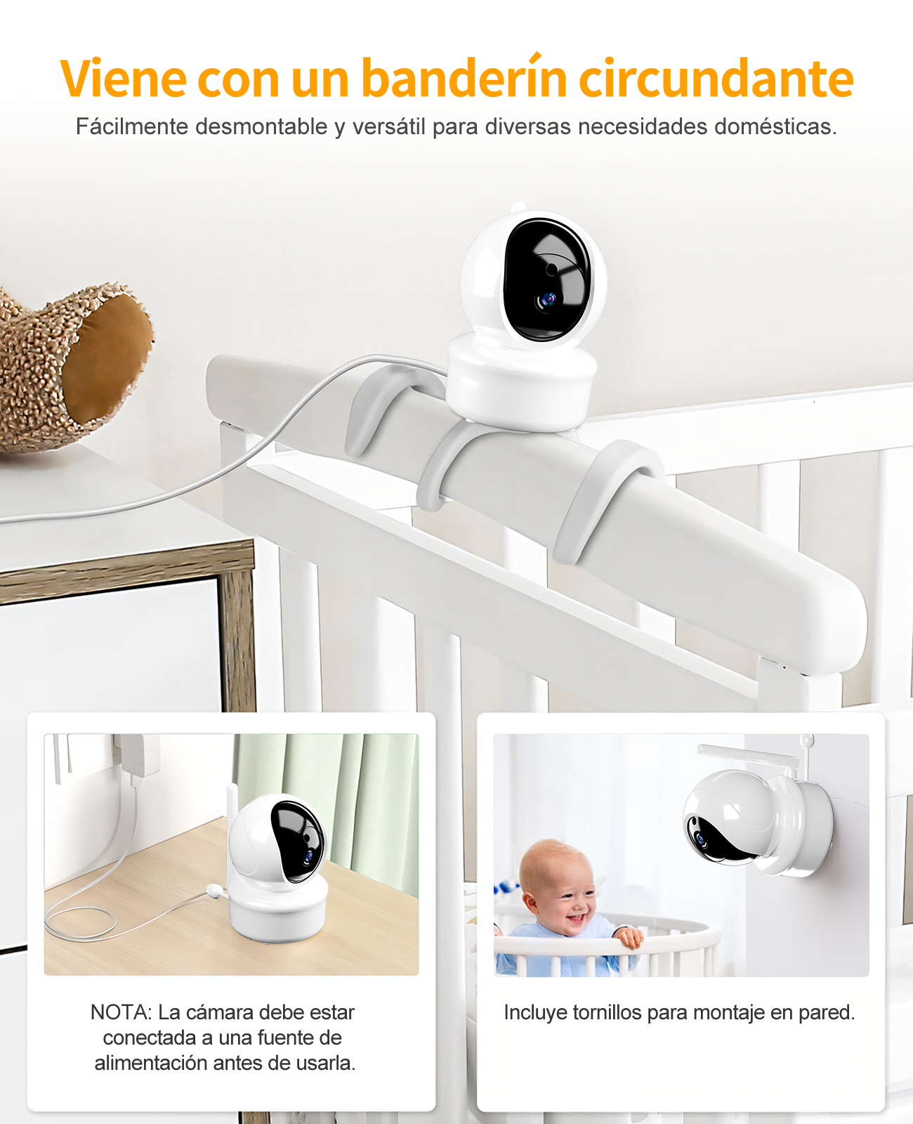 Un monitor de cámara de bebé blanco está sujeto a una cuna.