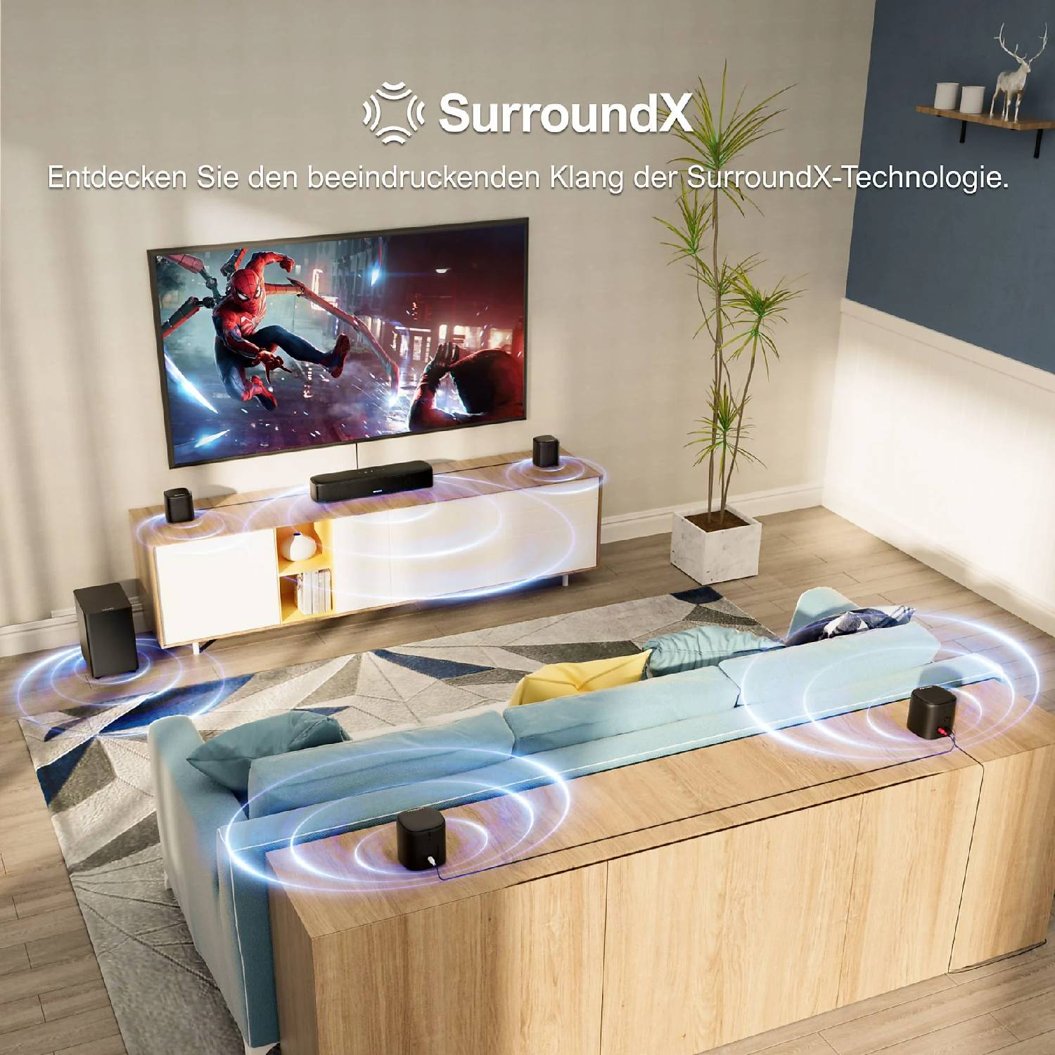 Soggiorno con TV, divano e altoparlanti SurroundX che emettono onde.
