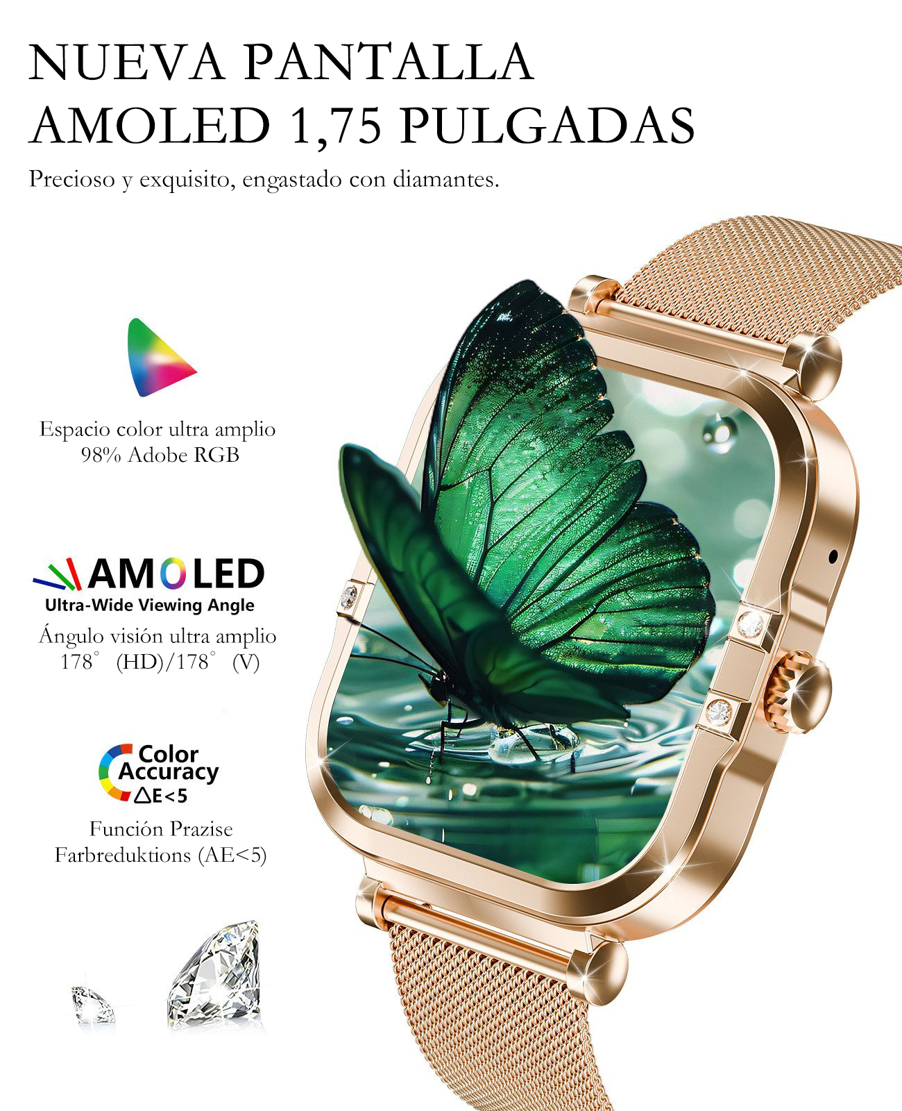Un smartwatch dorado muestra una mariposa verde en una pantalla mojada.