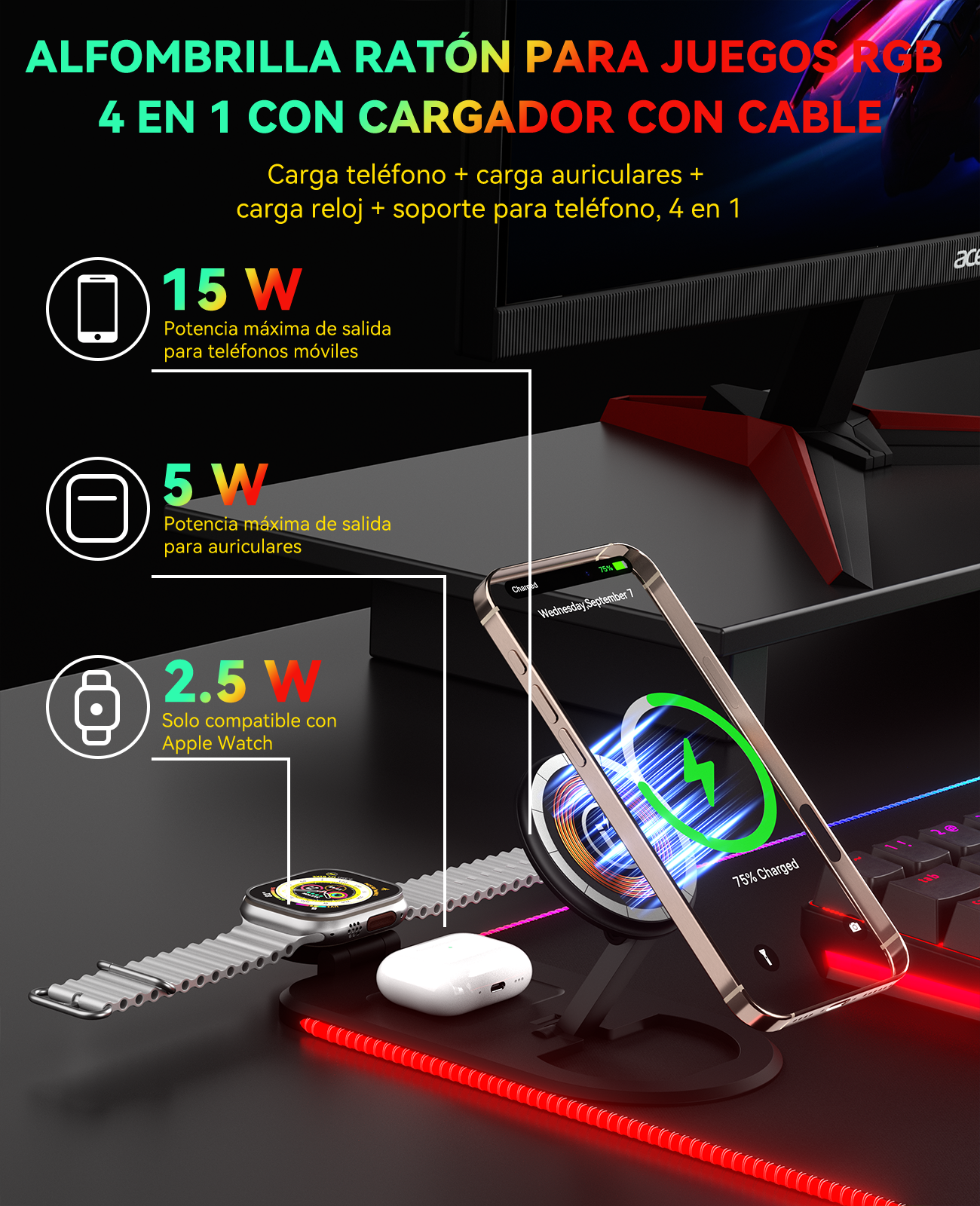 Alfombrilla ratón gaming RGB con cargador 4 en 1 para móvil, auriculares, reloj.