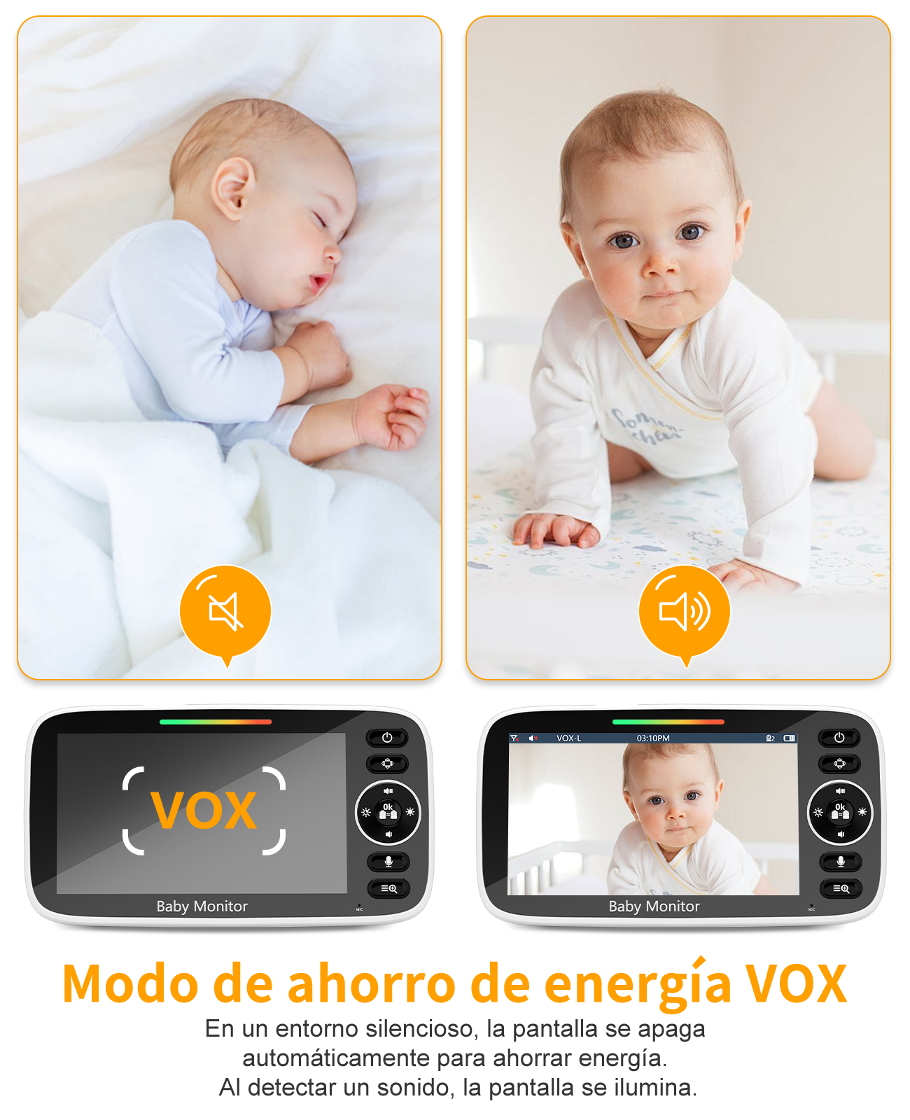 Bebé durmiendo, bebé gateando, pantallas de vigilabebés muestran modo VOX.