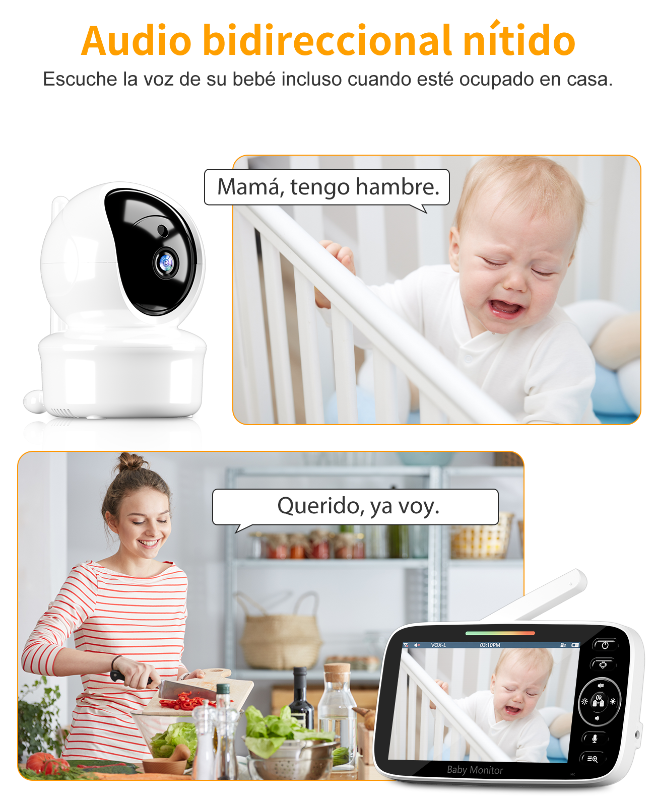 Un vigilabebés muestra un bebé llorando y una madre cocinando.