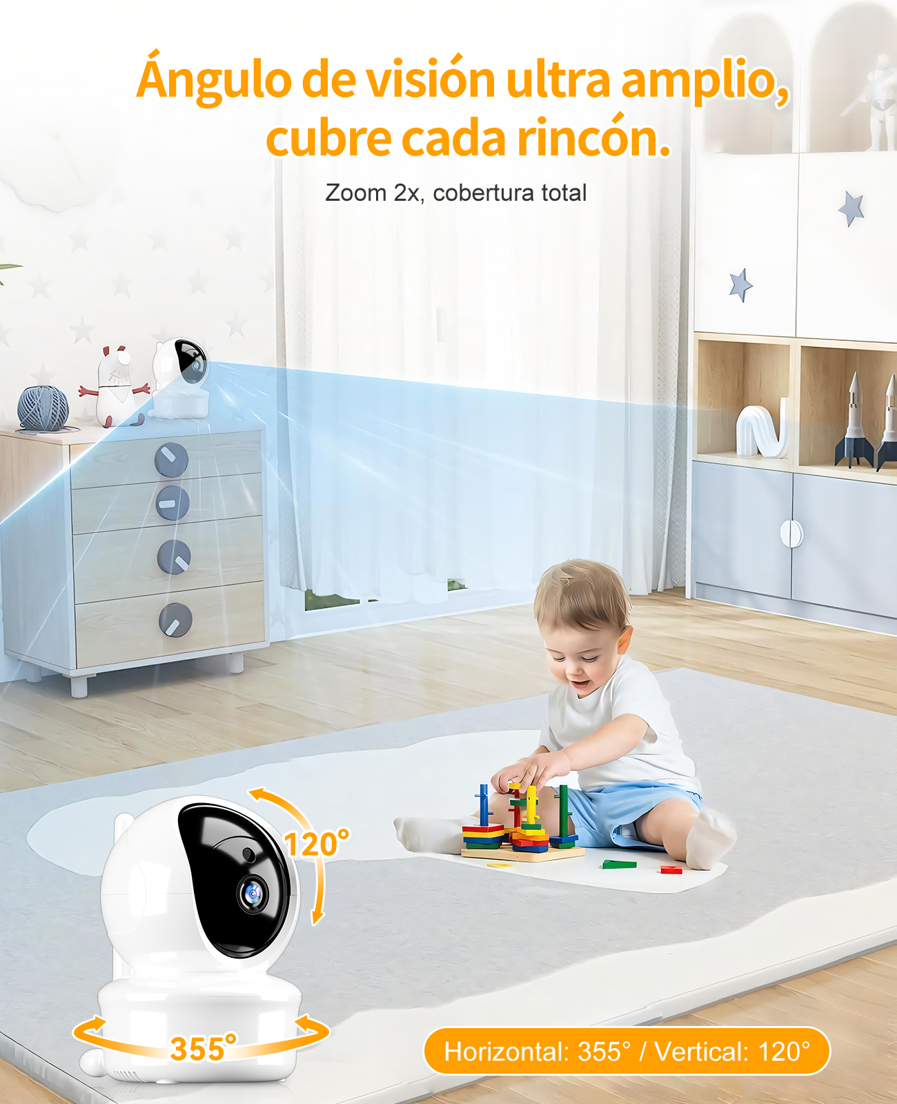 Un bebé juega en una alfombra, una cámara vigila la habitación.