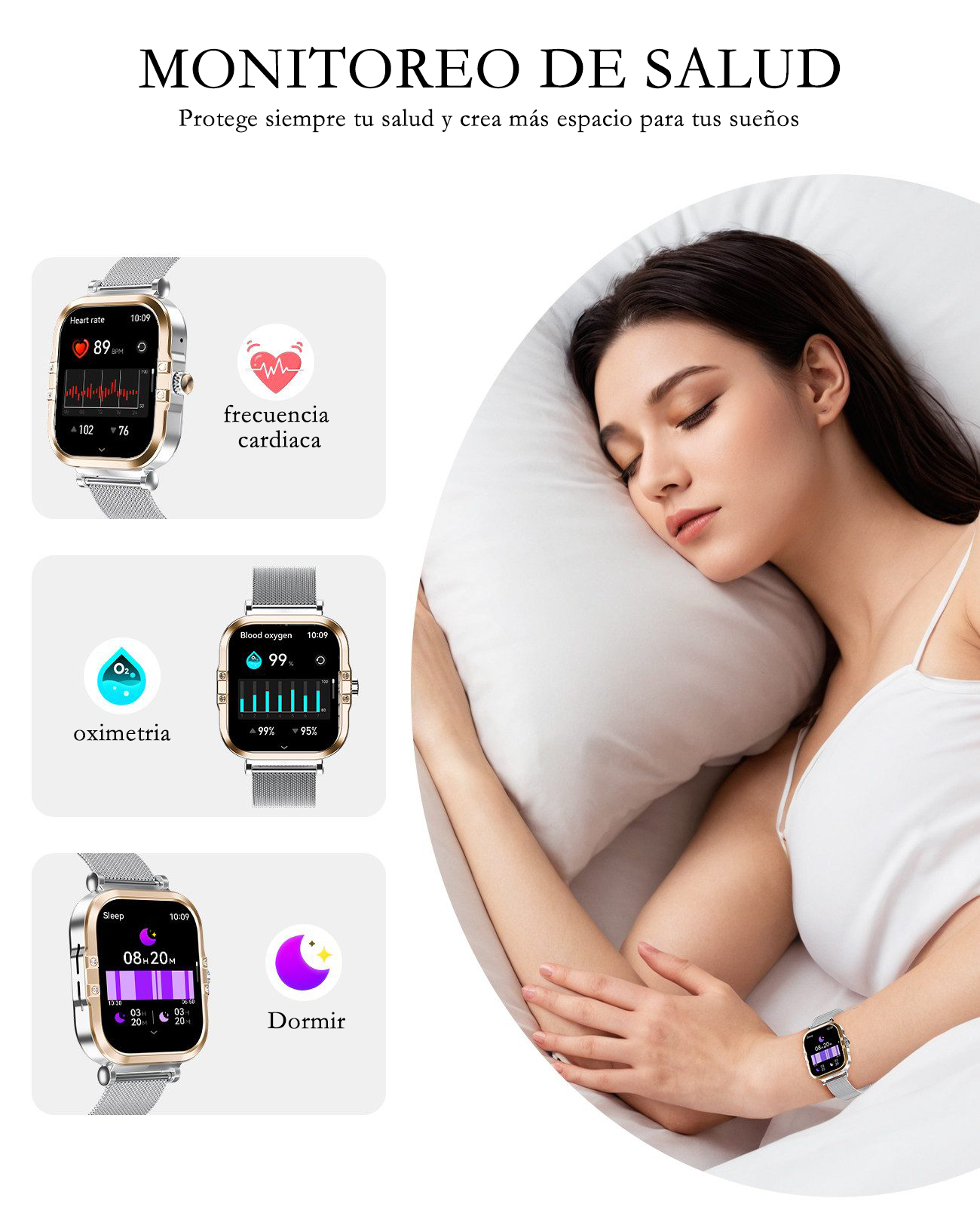 Mujer durmiendo, smartwatch muestra frecuencia cardíaca, oxígeno, sueño.