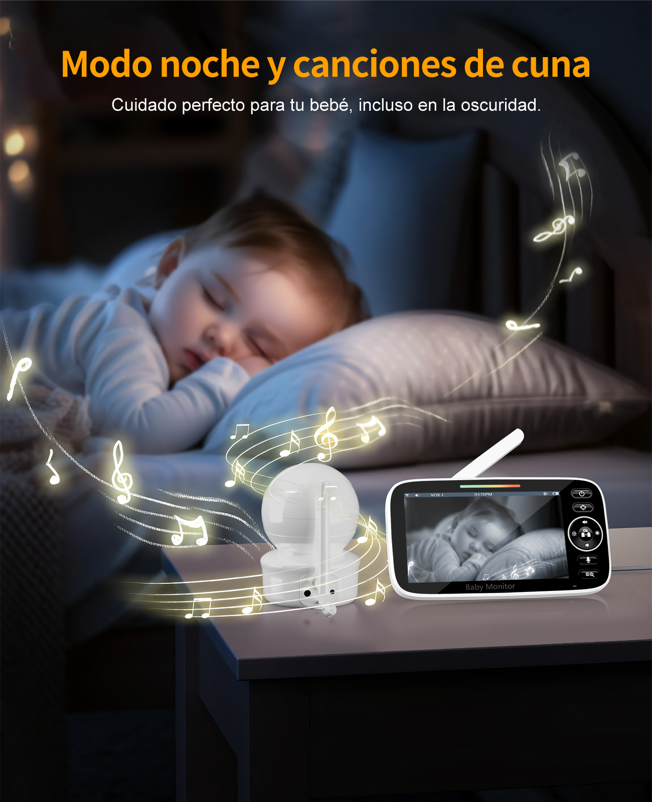 Un bebé duerme, un vigilabebés muestra la imagen. Notas musicales flotan.