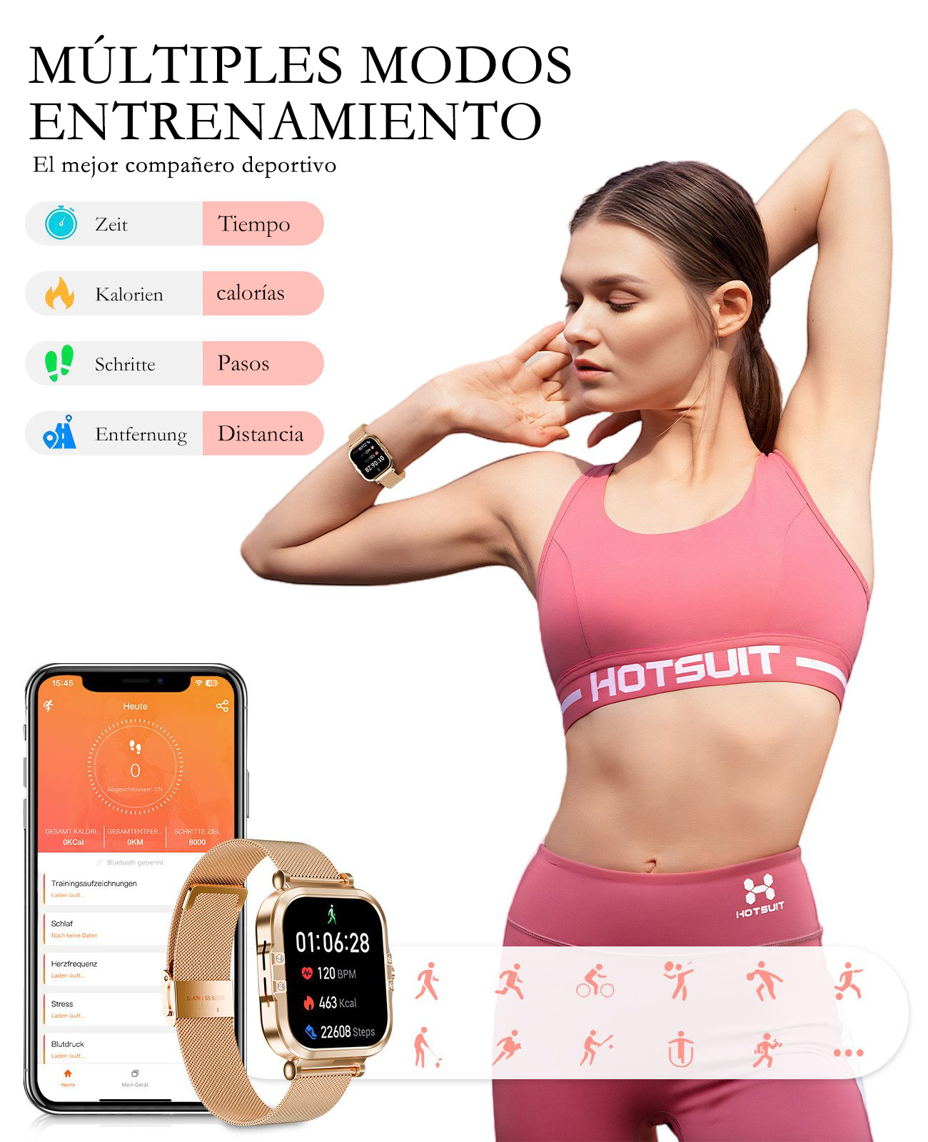Mujer con ropa deportiva con reloj inteligente y teléfono mostrando datos.