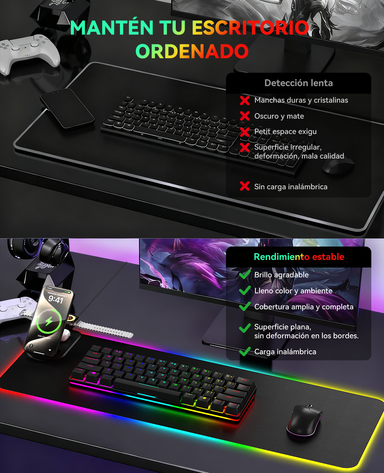 Arriba: Escritorio con teclado, ratón, móvil, mando. Abajo: Mismo escritorio con luz RGB.