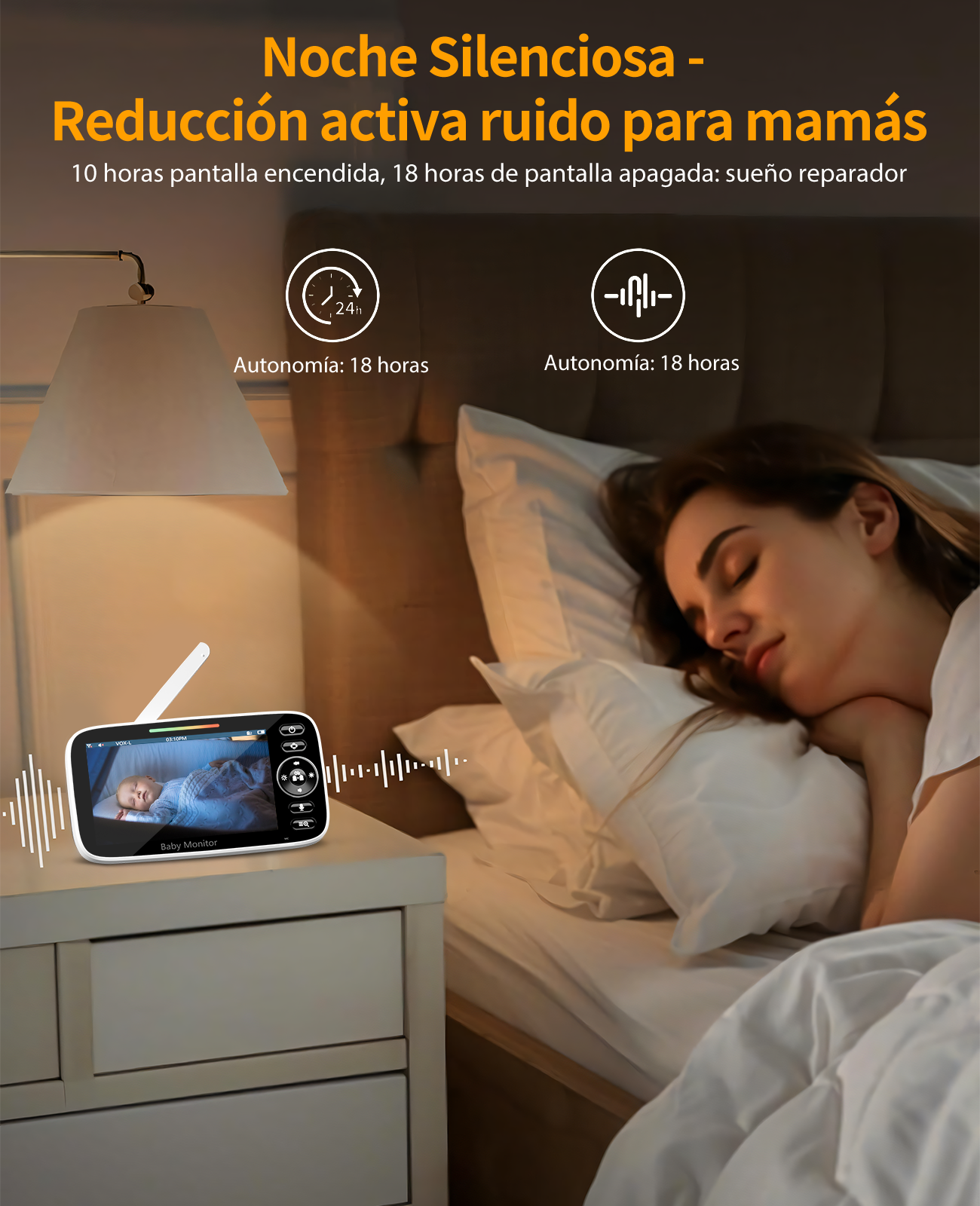 Un vigilabebés muestra un bebé durmiendo. Una mujer duerme al fondo.