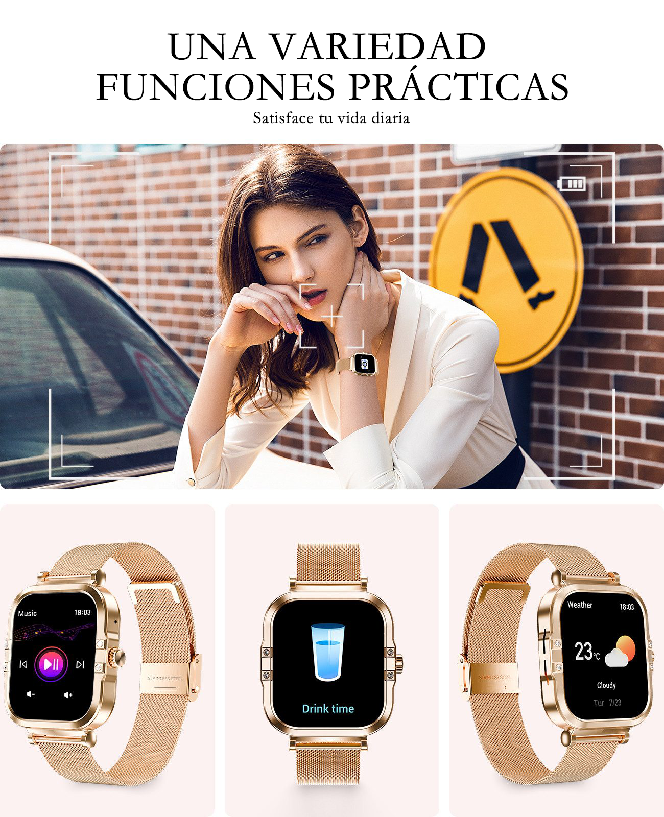 Mujer moderna con smartwatch mostrando música, hora de beber y clima.