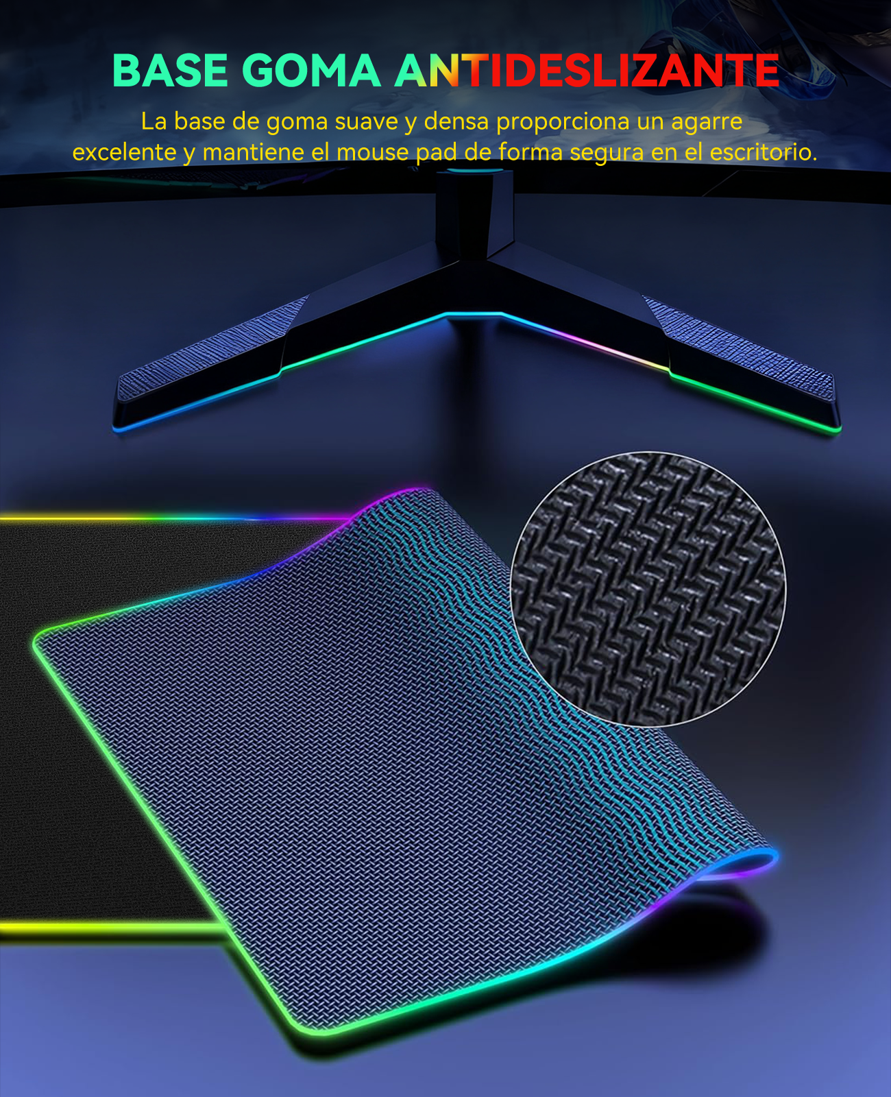 Primer plano de la parte inferior de un mousepad con textura de goma e iluminación RGB.