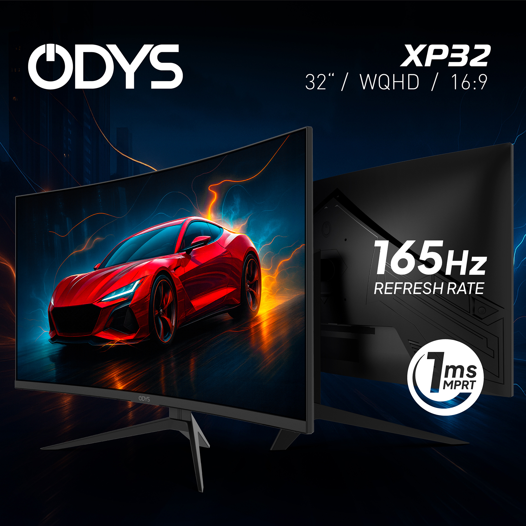 Czerwony samochód jest wyświetlany na monitorze ODYS z 165Hz i 1ms MPRT.