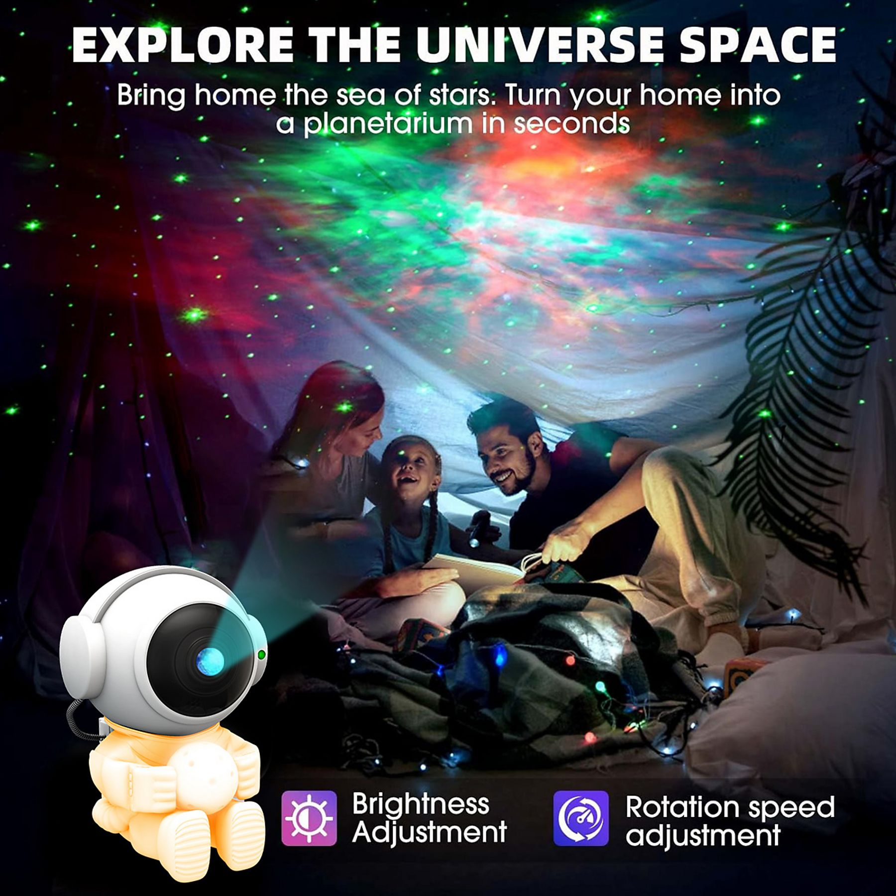 Astronauten-Projektor mit Sternenhimmel für eine Familie in einem Zelt.
