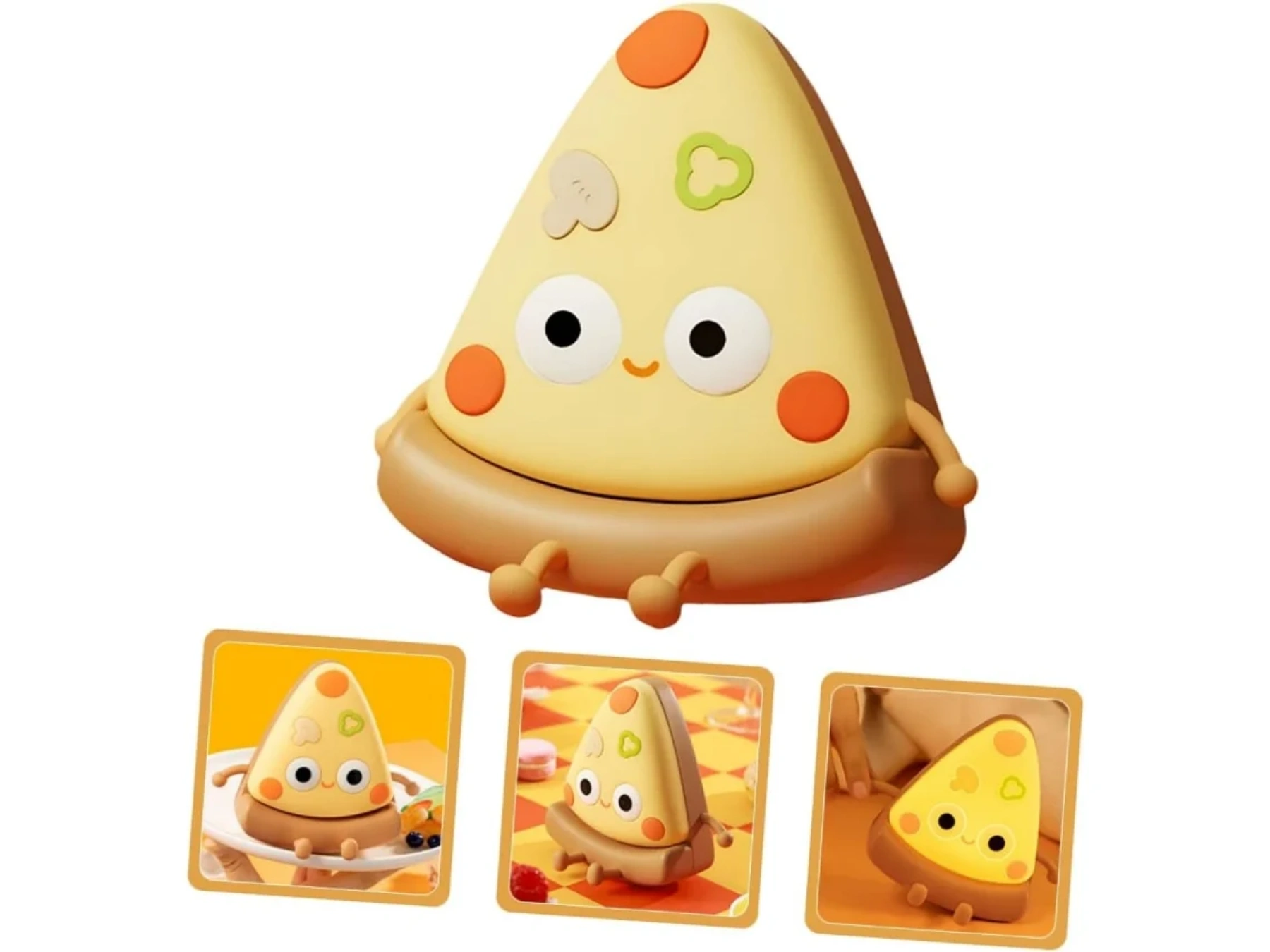 Eine niedliche Pizza-Lampe mit Kawaii-Gesicht, Pilz und Paprika.