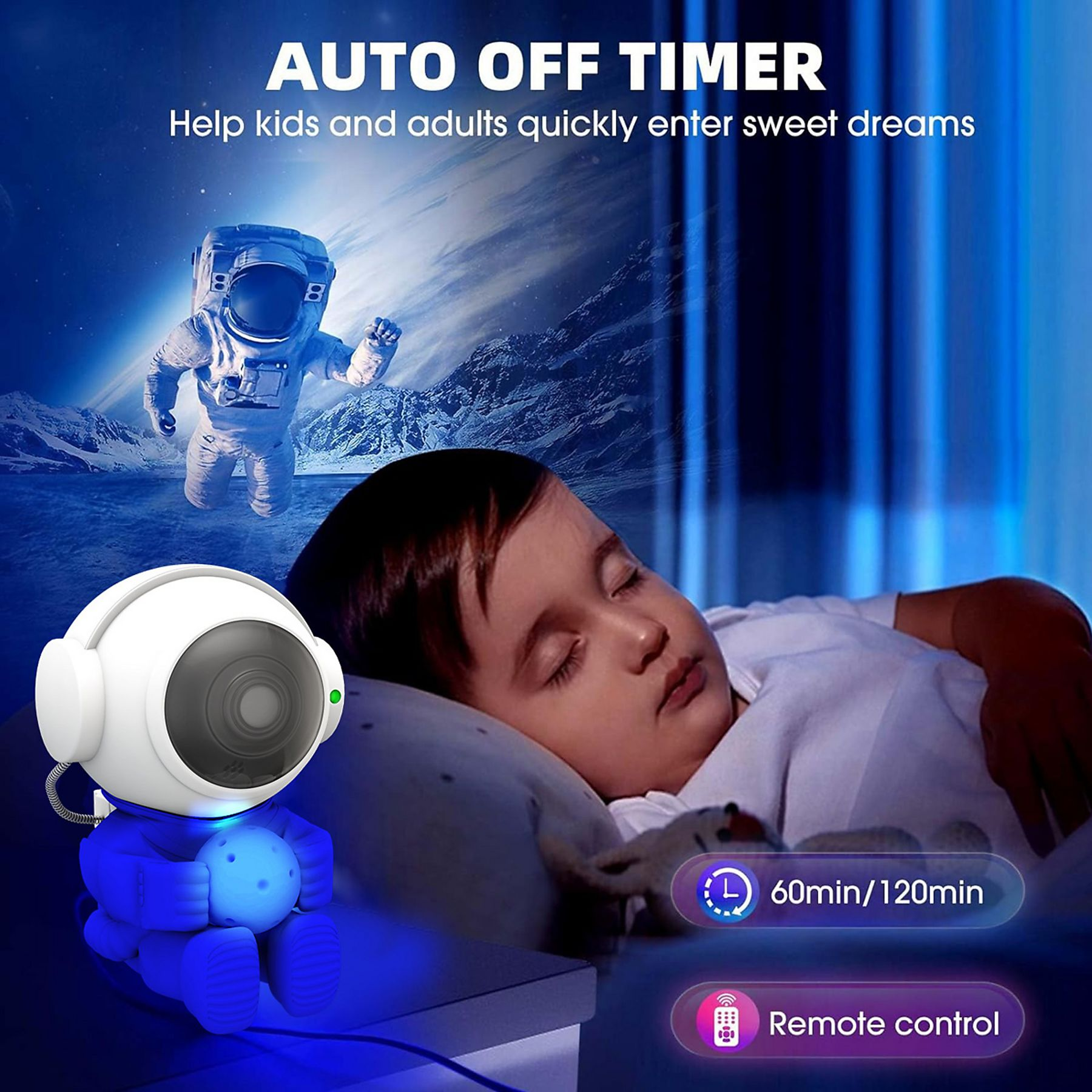 Ein Astronauten-Nachtlicht neben einem schlafenden Kind. Timer & Fernbedienung.