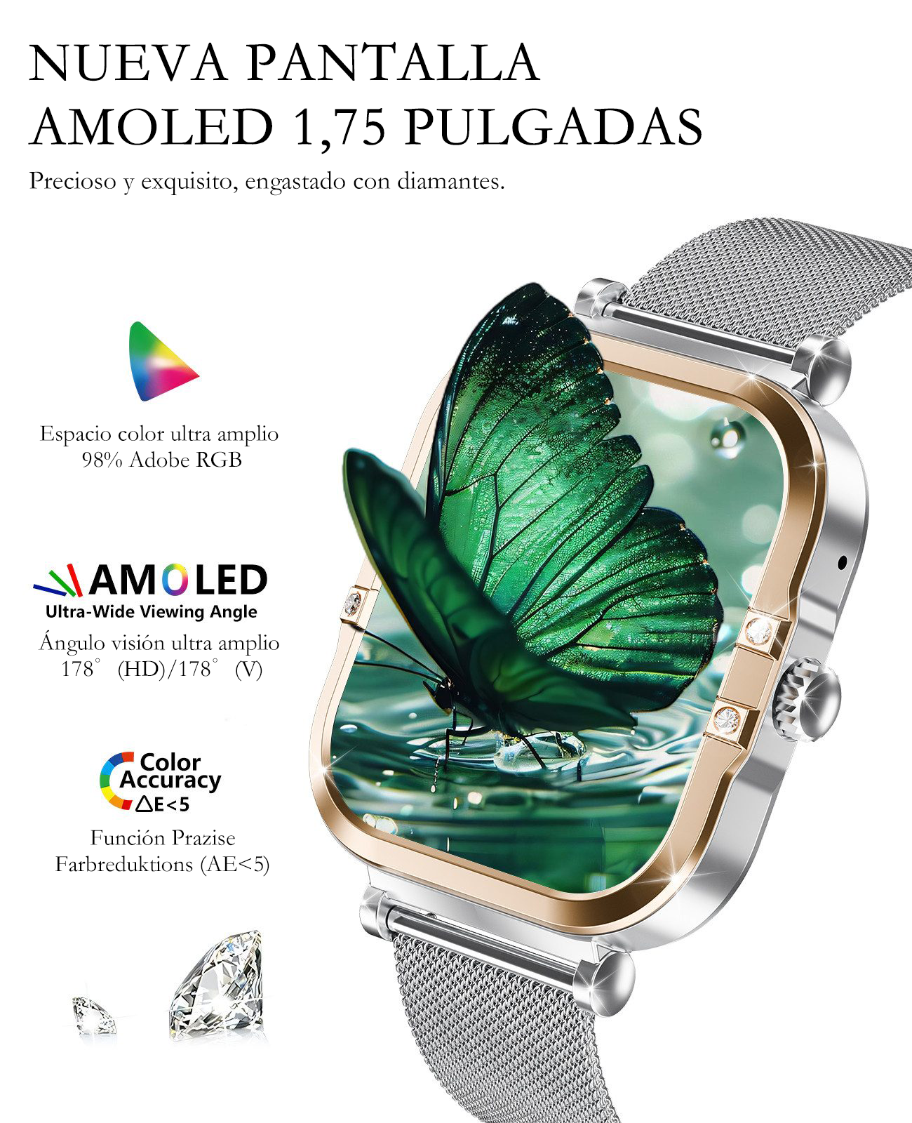 Pantalla de smartwatch con mariposa y texto sobre color y ángulos de visión.