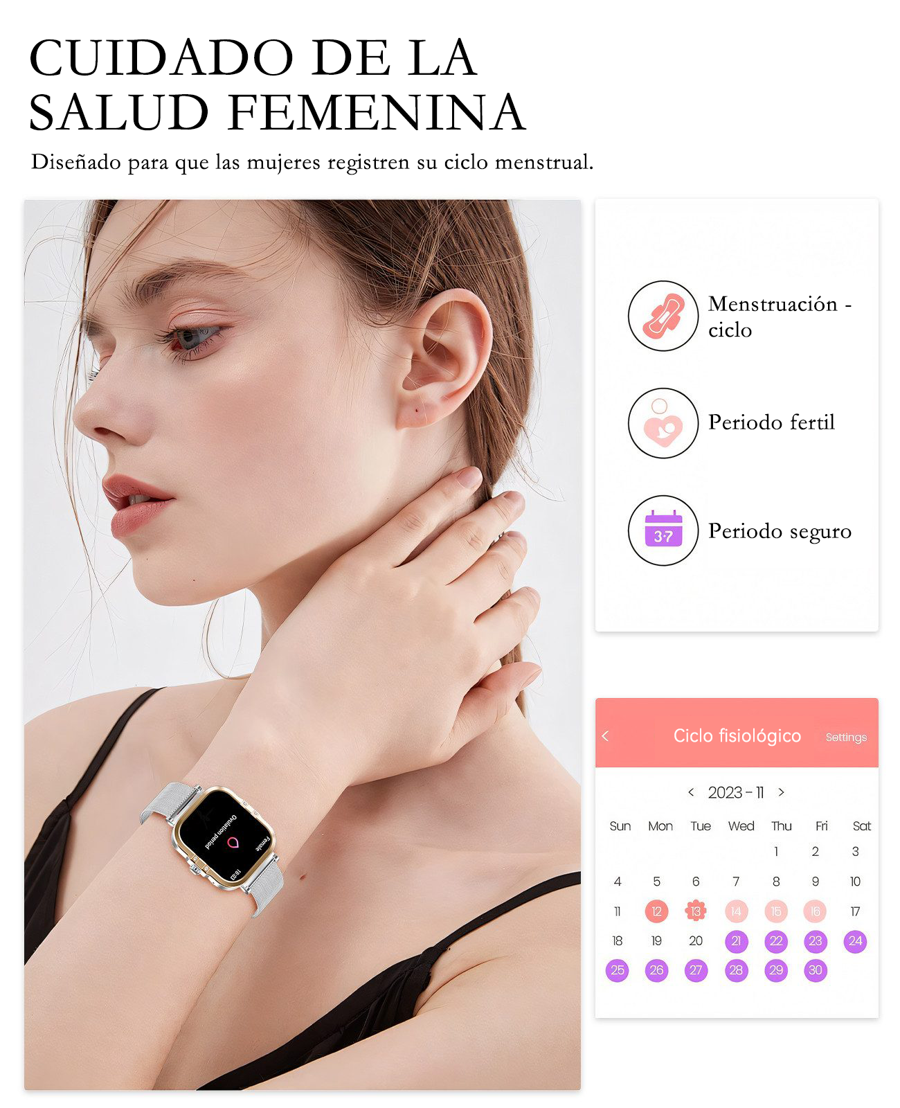Una mujer lleva un smartwatch que muestra el ciclo menstrual. Vista de calendario.