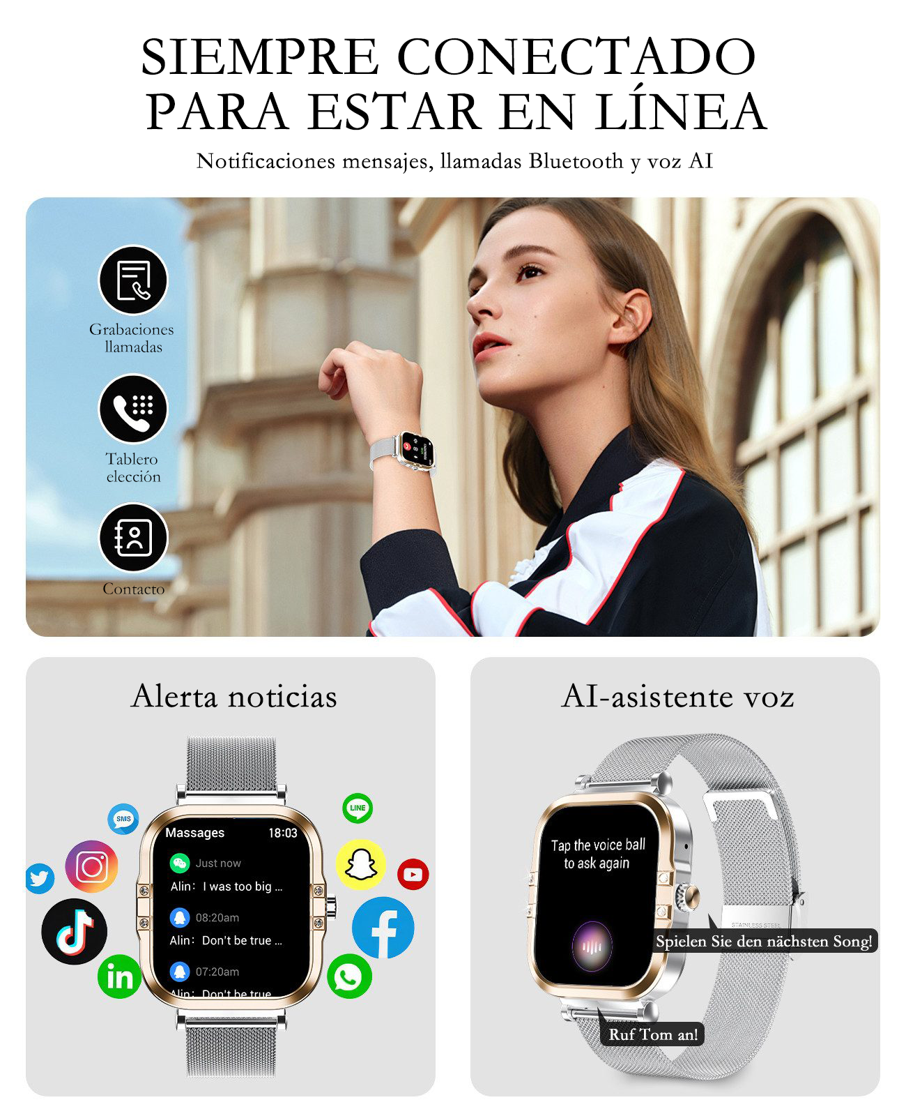 Una mujer usa un smartwatch con notificaciones e iconos de redes sociales.