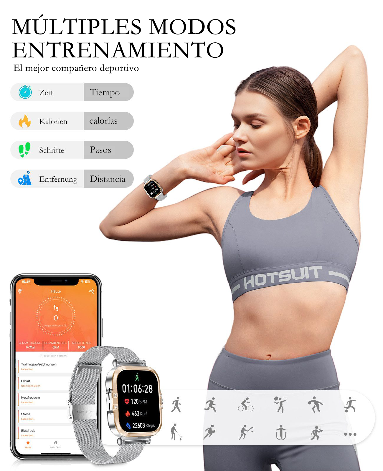 Mujer con sujetador deportivo, reloj inteligente y teléfono mostrando datos.