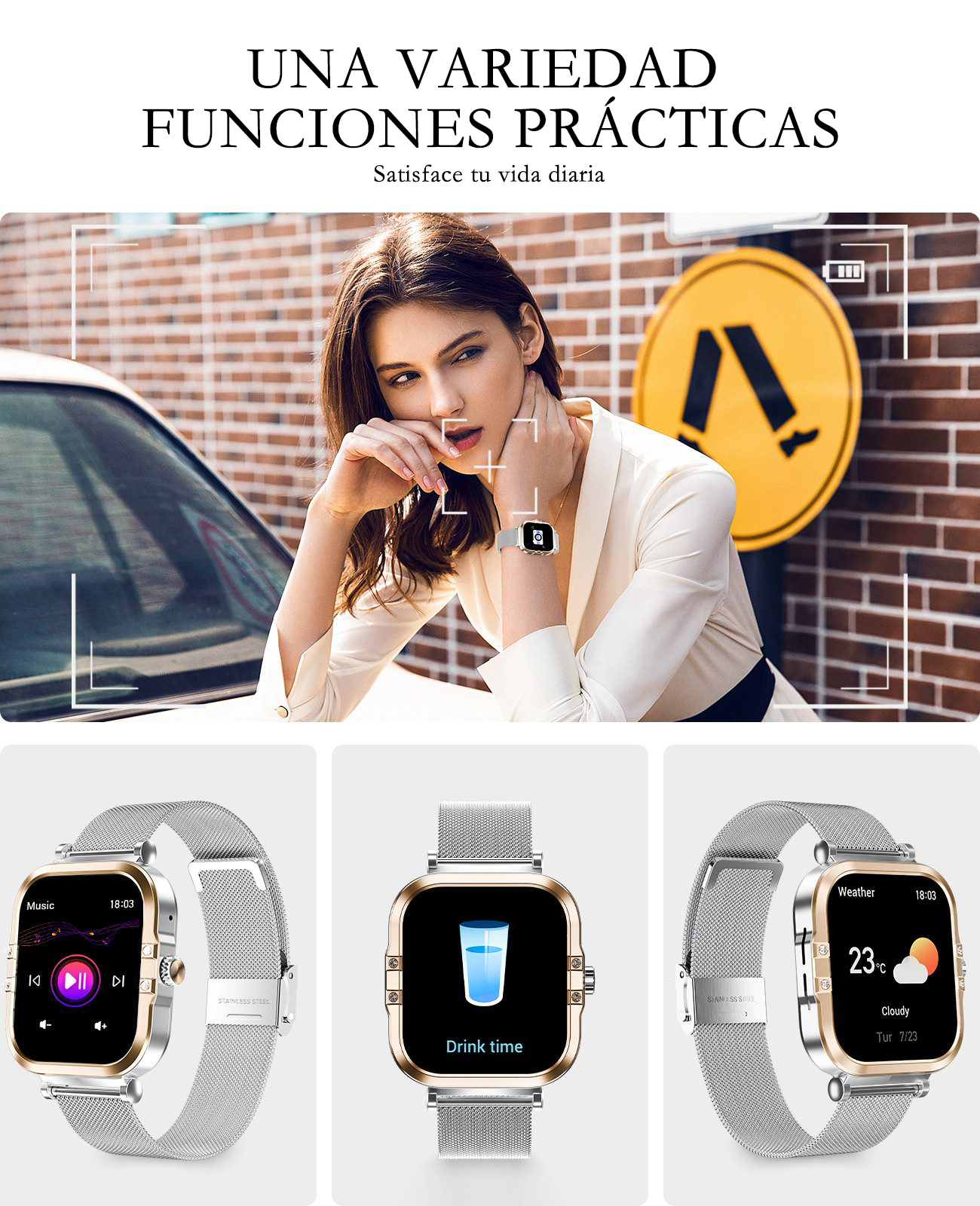 Una mujer con un smartwatch frente a una pared de ladrillos. Abajo, 3 vistas de smartwatch: música, bebida, tiempo.