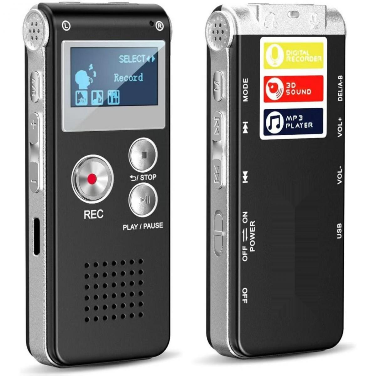 Ein schwarzer digitaler Rekorder mit silbernen Akzenten. Vorderseite mit Display und Tasten.