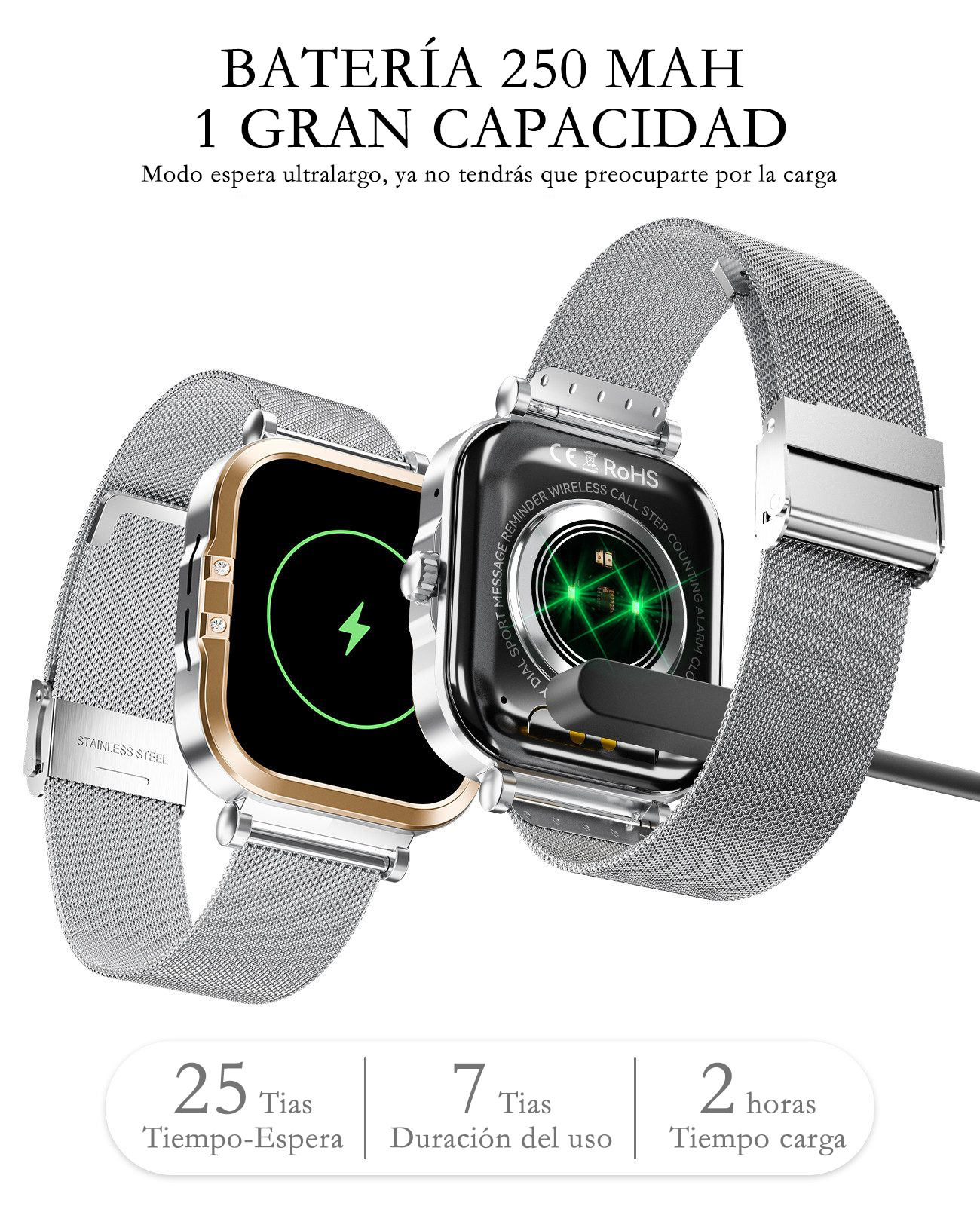 Reloj inteligente plateado con borde dorado, puerto de carga, icono de rayo en pantalla.