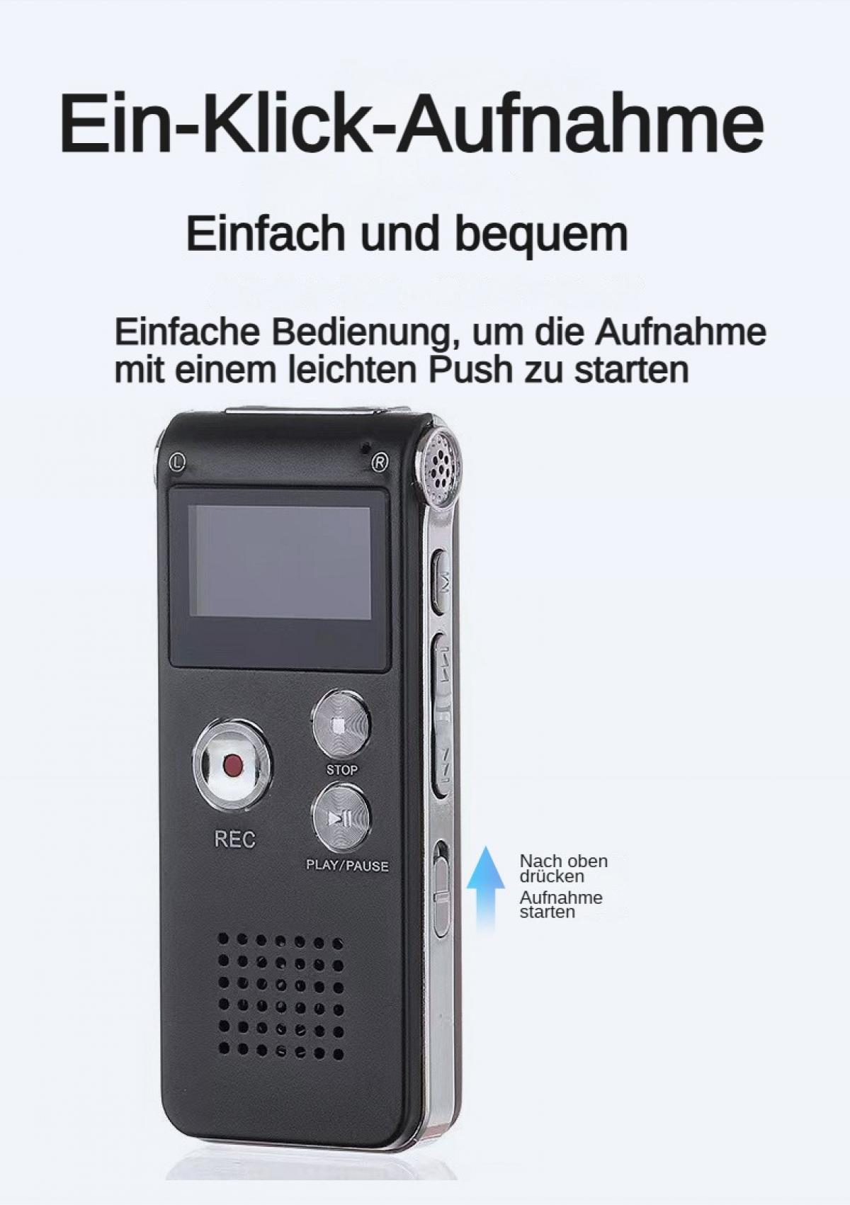 Schwarzer digitaler Rekorder mit REC-, STOP- und PLAY/PAUSE-Tasten.