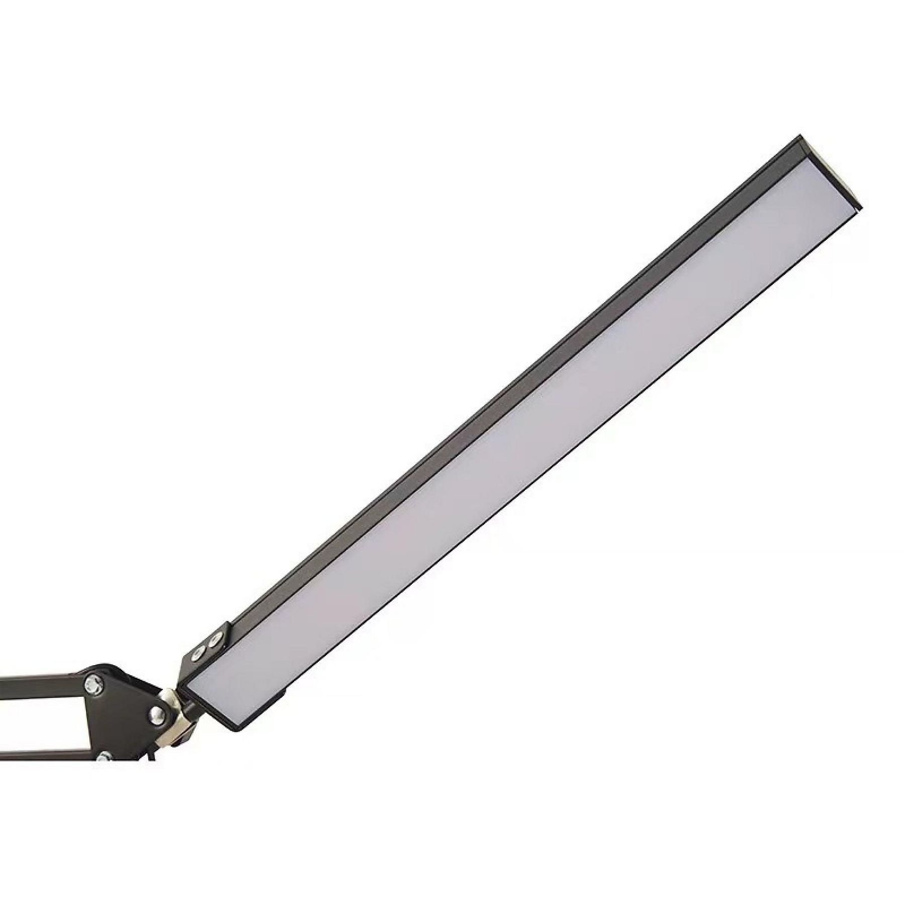 Ein schwarzer Scherenarm mit einer rechteckigen LED-Leuchte auf weißem Hintergrund.