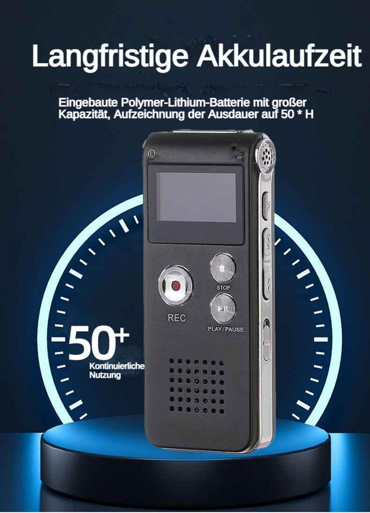 Schwarzer digitaler Recorder mit großem Display, REC, STOP, PLAY/PAUSE Tasten.