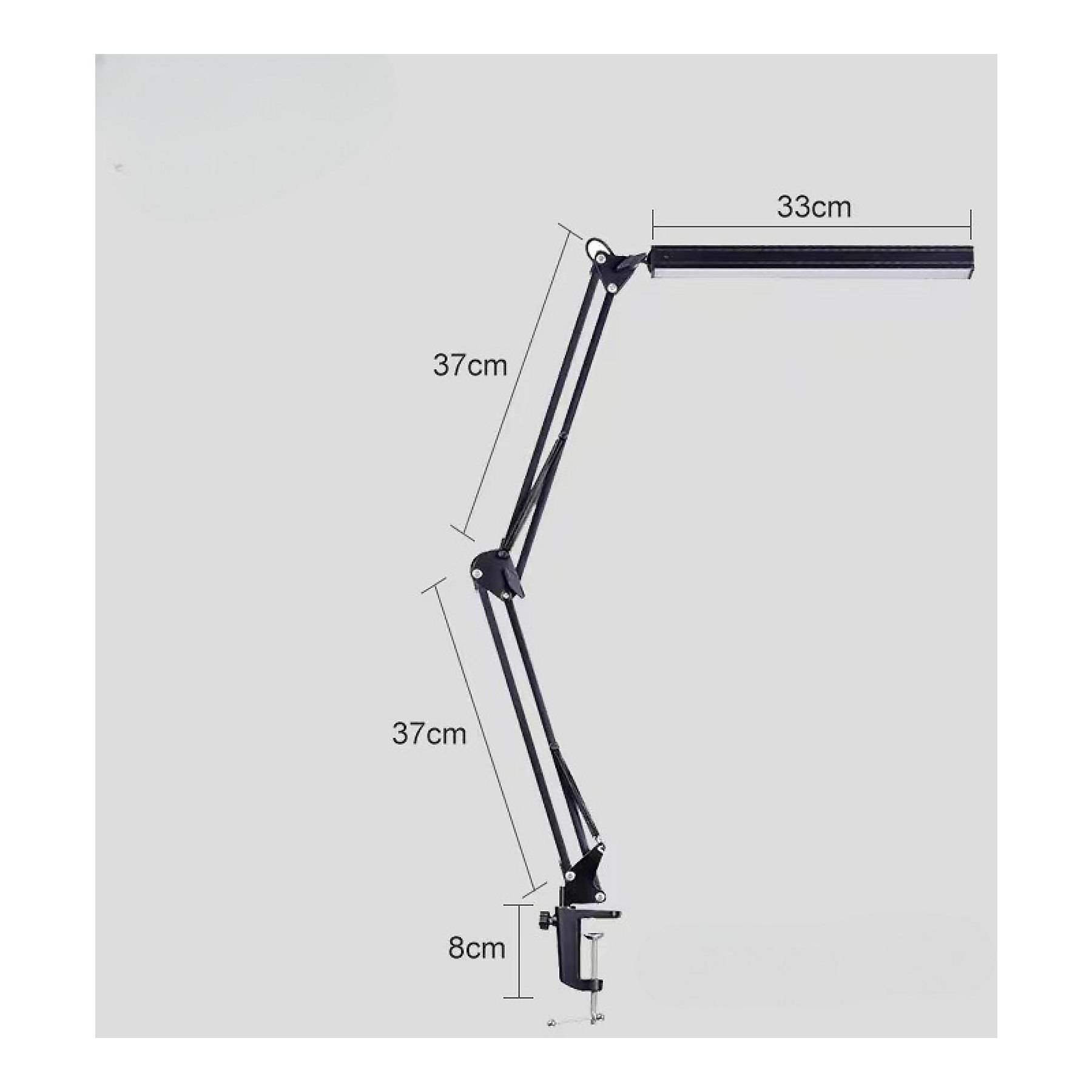 Schwarze Schreibtischlampe mit Gelenkarm und Klemme. Maße sind angegeben.