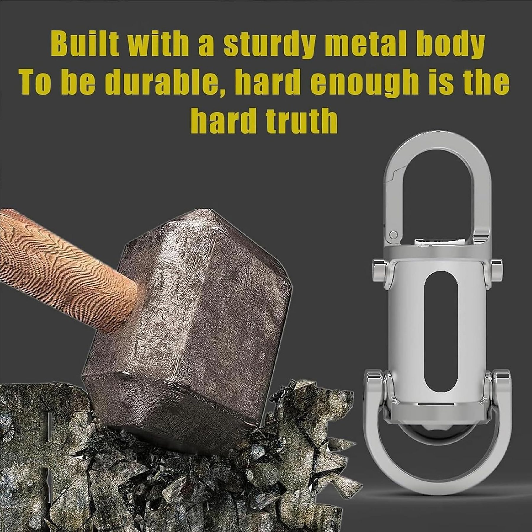 Ein schwerer Hammer schlägt auf Stein, daneben ein silberner Karabiner.