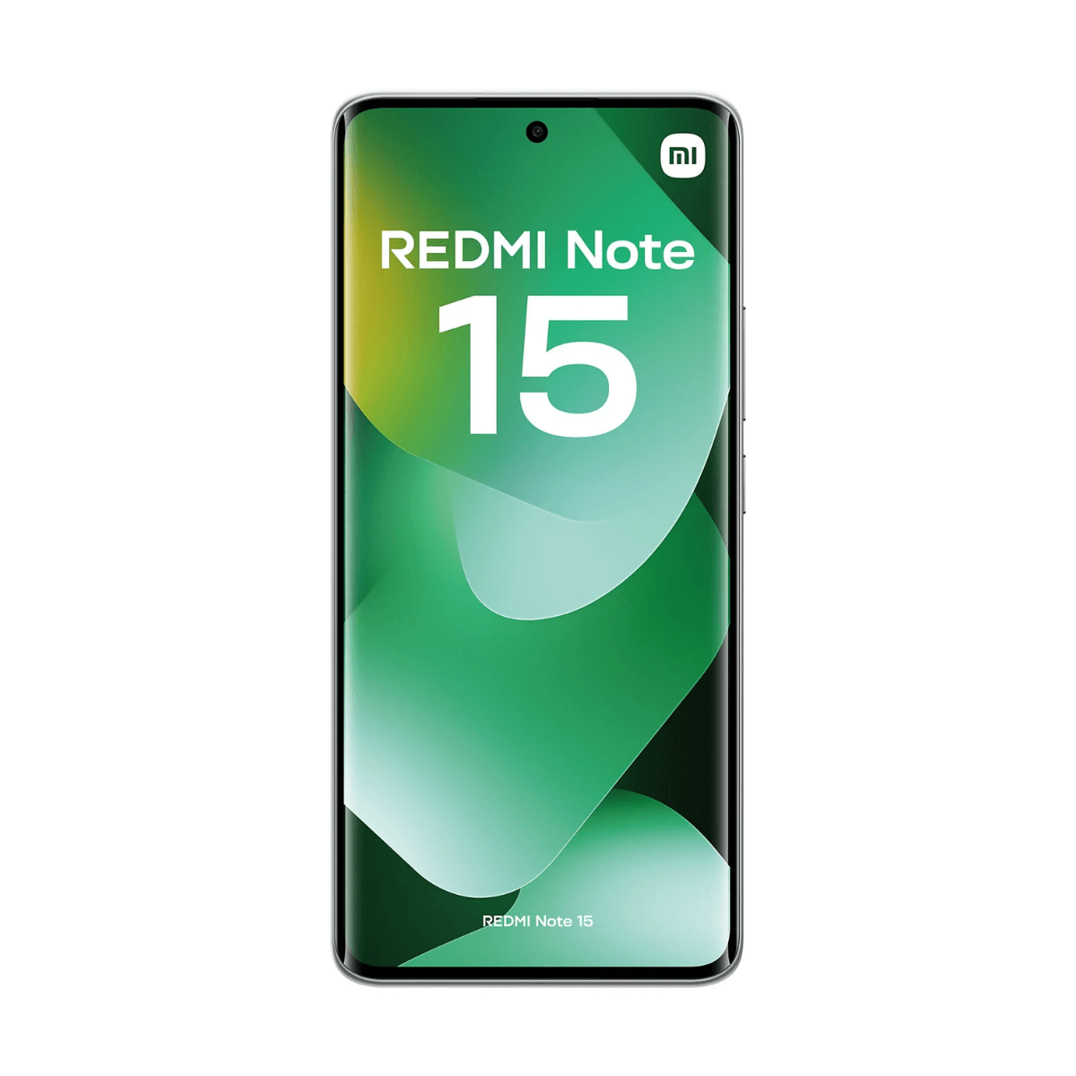 Smartfon Redmi Note 15 z zielonym abstrakcyjnym tłem.