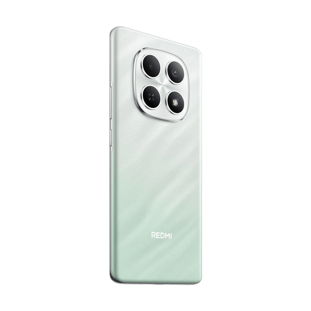 Jasnozielony telefon Redmi pokazany od tyłu, z poczwórnym aparatem.