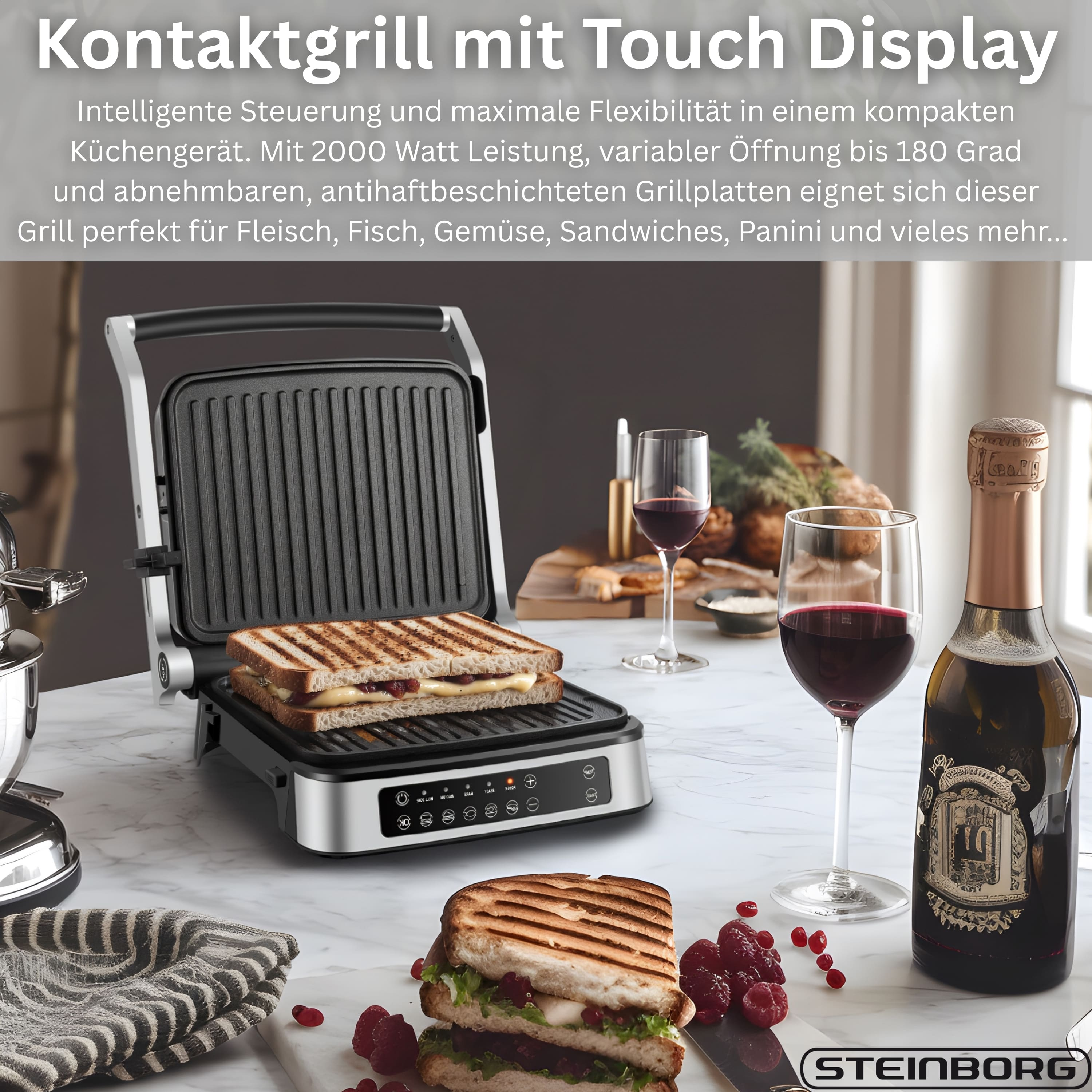 Ein Kontaktgrill mit zwei Sandwiches, Wein und einer Flasche.