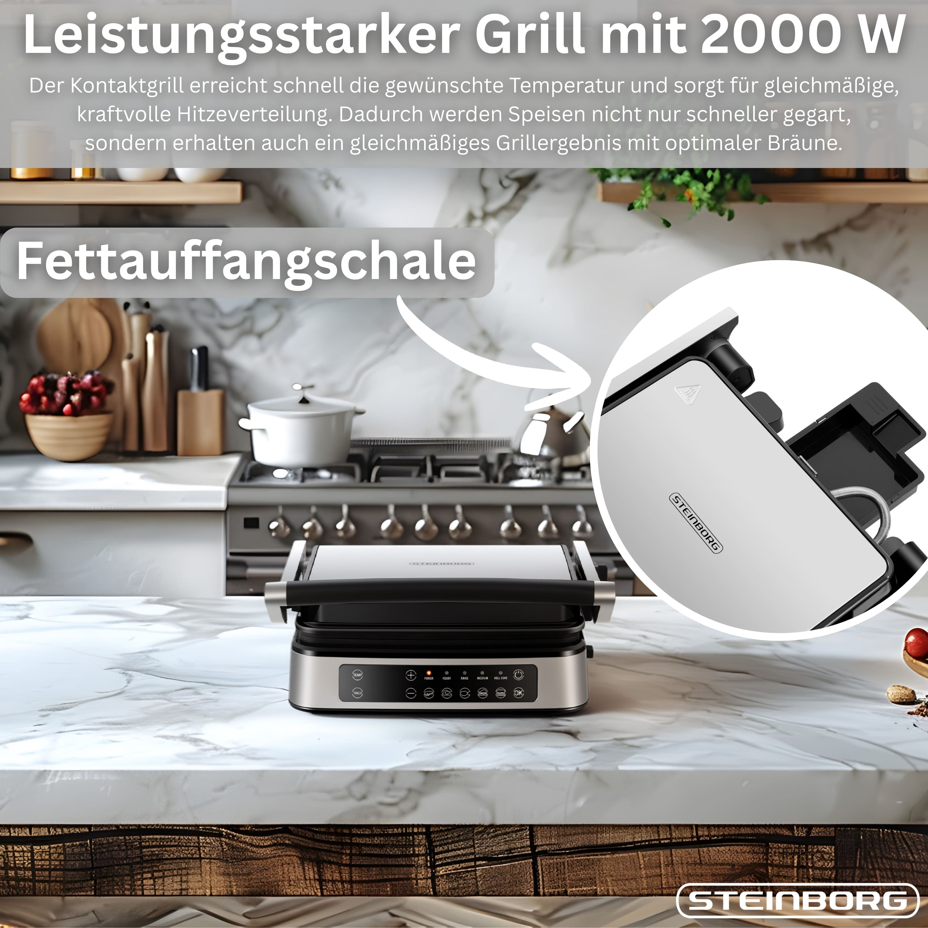 Ein silberner Steinborg Kontaktgrill mit digitaler Anzeige und Fettauffangschale.